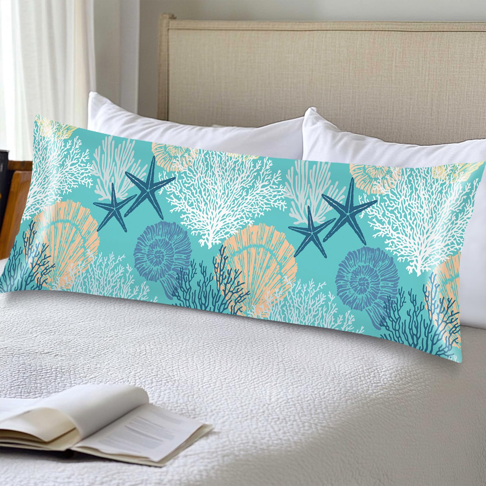 Silk Satin Pillowcase for Hair and Skin,Beach Theme Throw Pillow Cover Queen Size Pillowcases Envelope Closure,Coastal Pillow Covers Ocean Coral Starfish Decorative Cushion Cases,20"x30",Teal