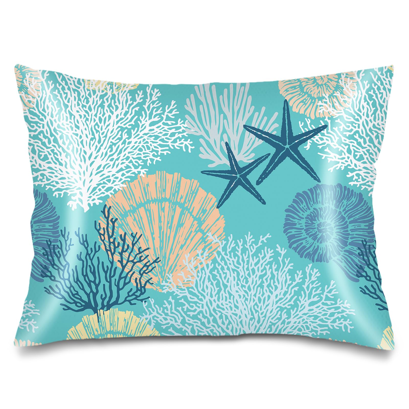 Silk Satin Pillowcase for Hair and Skin,Beach Theme Throw Pillow Cover Queen Size Pillowcases Envelope Closure,Coastal Pillow Covers Ocean Coral Starfish Decorative Cushion Cases,20"x30",Teal