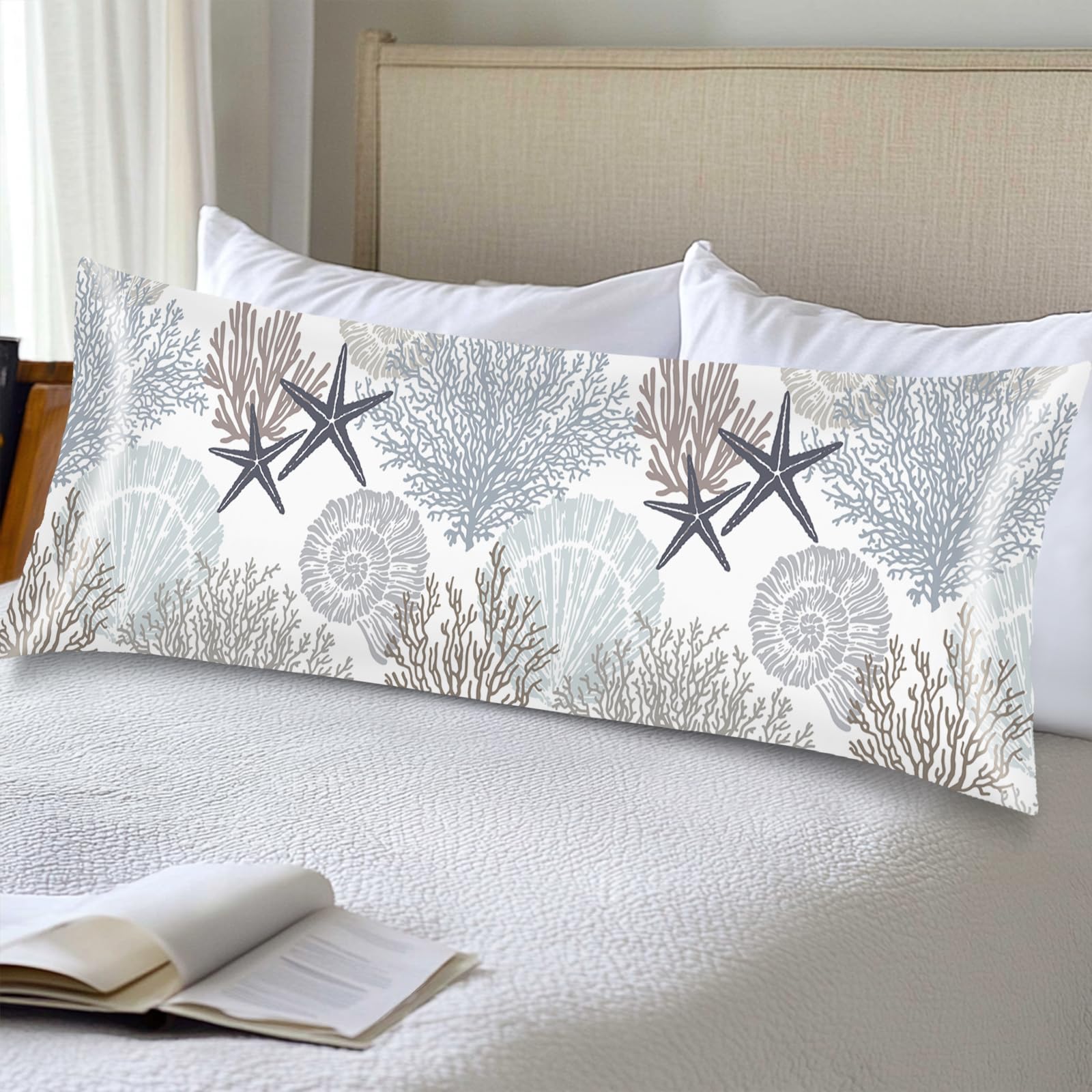 Silk Satin Pillowcase for Hair and Skin,Beach Theme Throw Pillow Cover Queen Size Pillowcases Envelope Closure,Coastal Pillow Covers Ocean Coral Starfish Decorative Cushion Cases,20"x30",Teal