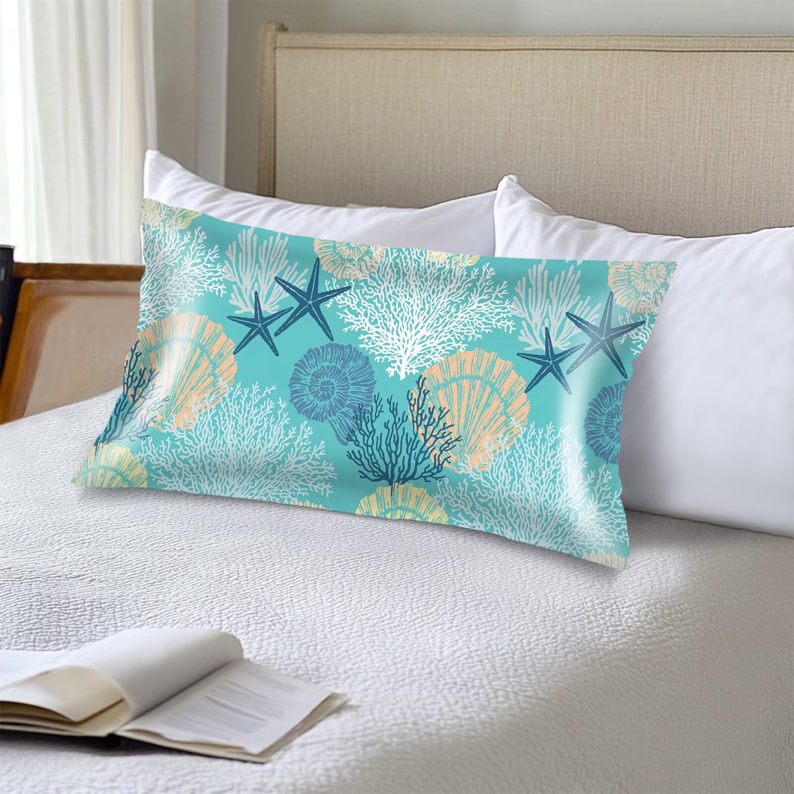 Silk Satin Pillowcase for Hair and Skin,Beach Theme Throw Pillow Cover Queen Size Pillowcases Envelope Closure,Coastal Pillow Covers Ocean Coral Starfish Decorative Cushion Cases,20"x30",Teal