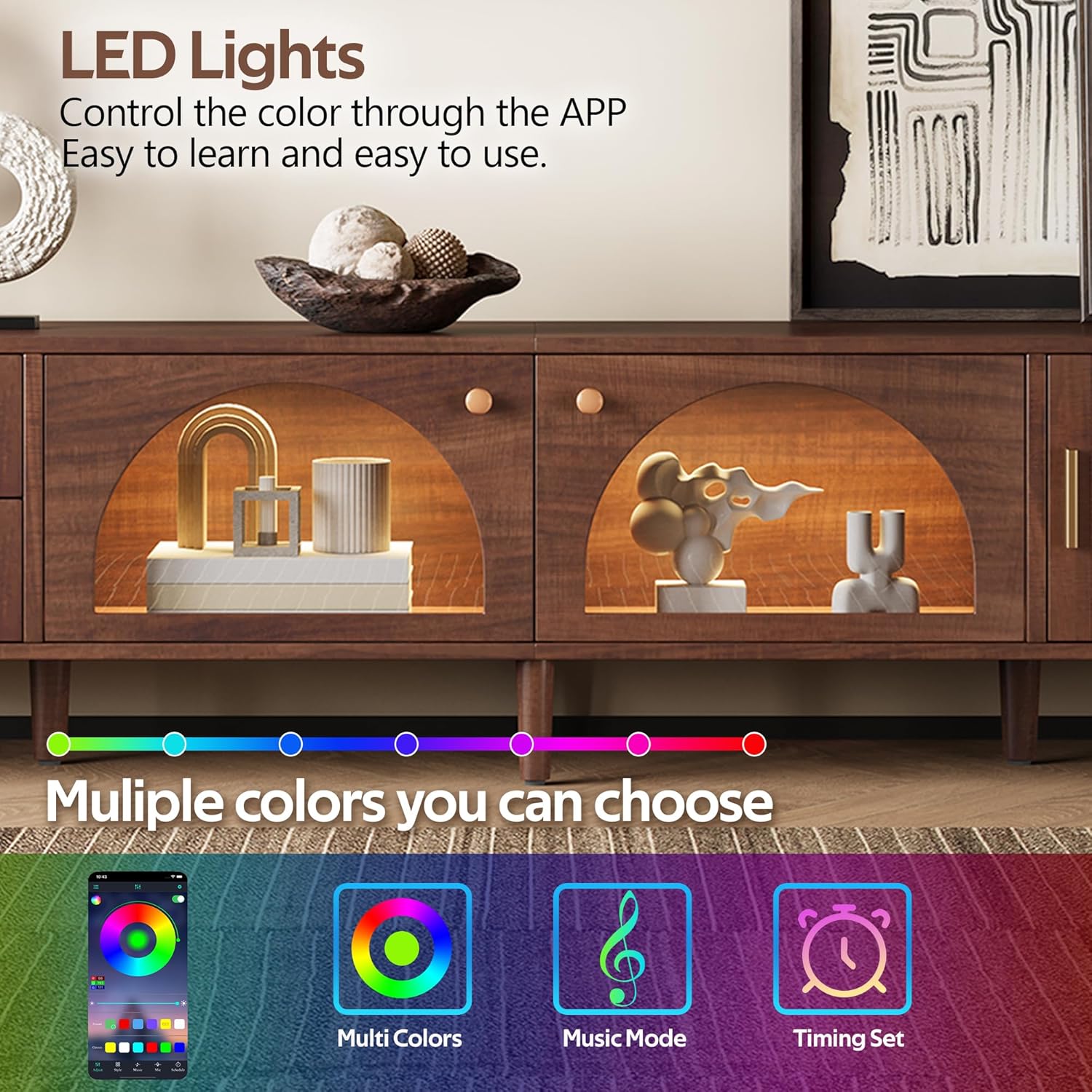 Merax Rattan TV Stand with LED Lights, 70" Entertainment Center with 3 Cabinets & 2 Drawers Media Console Table for TVs Up to 80", Solid Wood Feet, Living Room, Bedroom Furniture