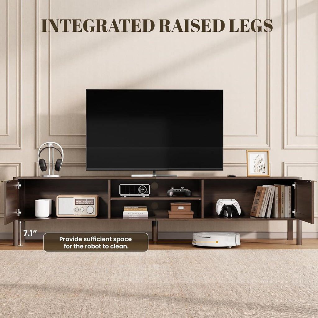 Rattan TV Stand for Living Room - Fits up to 80 Inch TVs, Rattan Media Console Table with Adjustable Shelves & 2 Storage Cabinets, Mid-Century Modern Entertainment Center, Walnut 71"