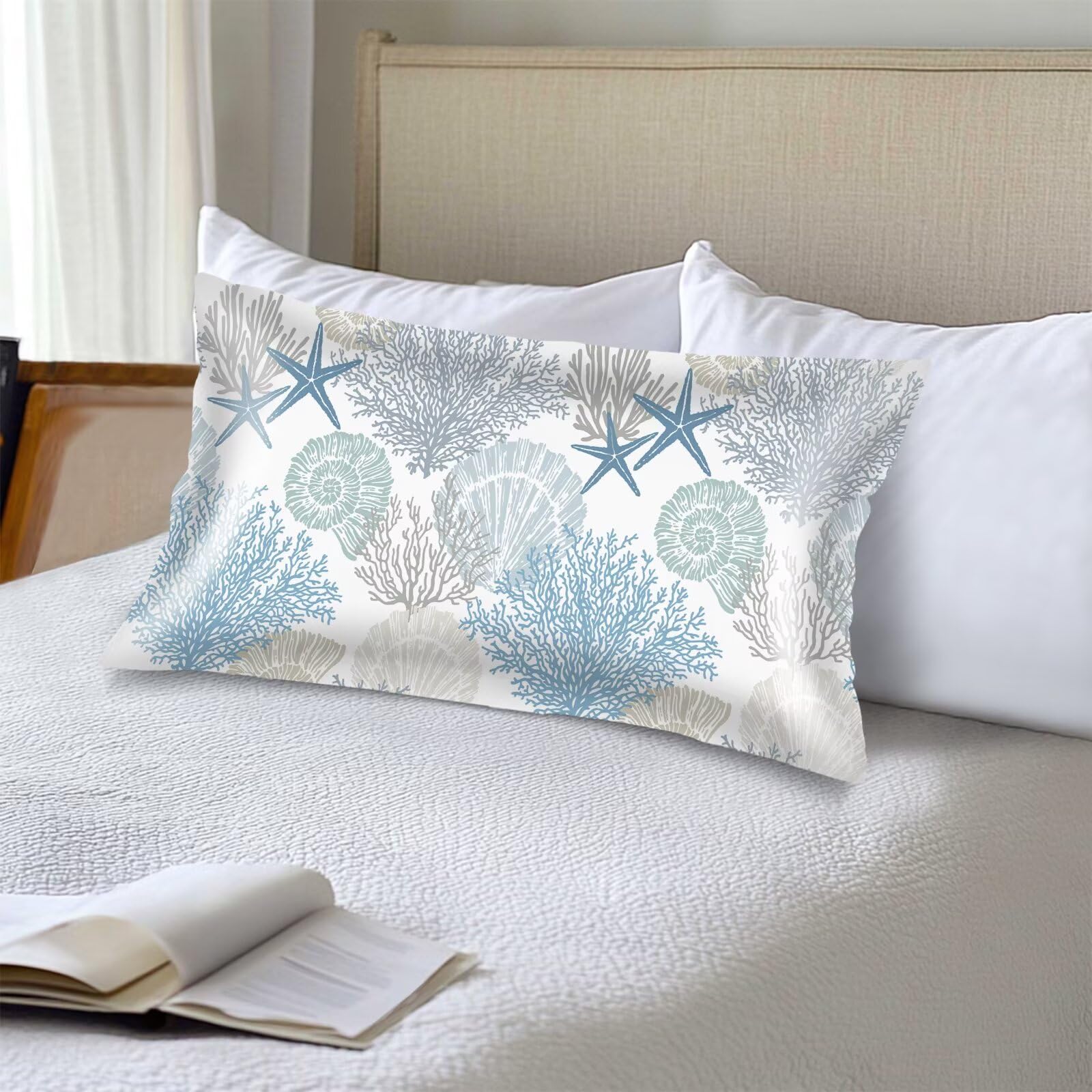Silk Satin Pillowcase for Hair and Skin,Beach Theme Throw Pillow Cover Queen Size Pillowcases Envelope Closure,Coastal Pillow Covers Ocean Coral Starfish Decorative Cushion Cases,20"x30",Teal