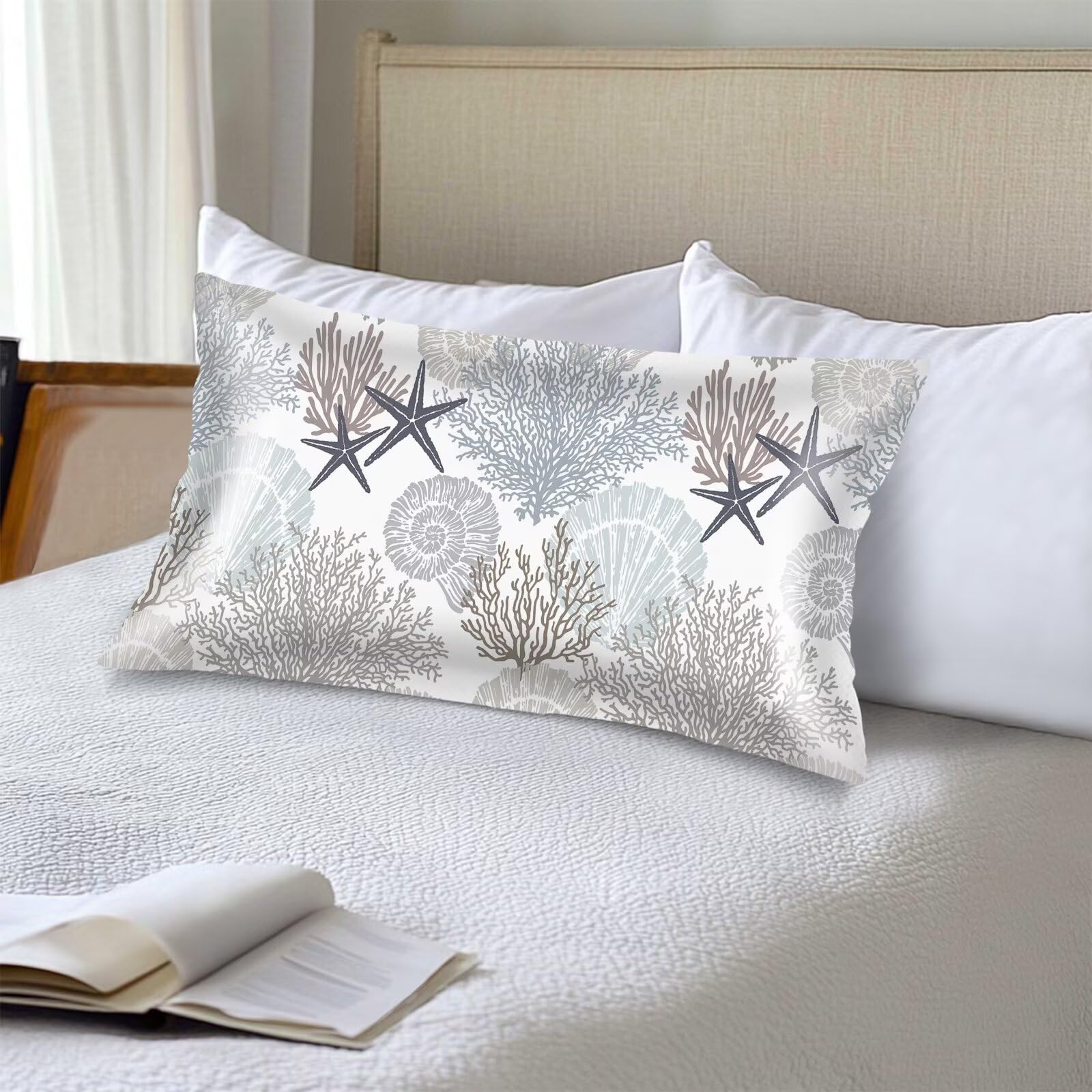 Silk Satin Pillowcase for Hair and Skin,Beach Theme Throw Pillow Cover Queen Size Pillowcases Envelope Closure,Coastal Pillow Covers Ocean Coral Starfish Decorative Cushion Cases,20"x30",Teal