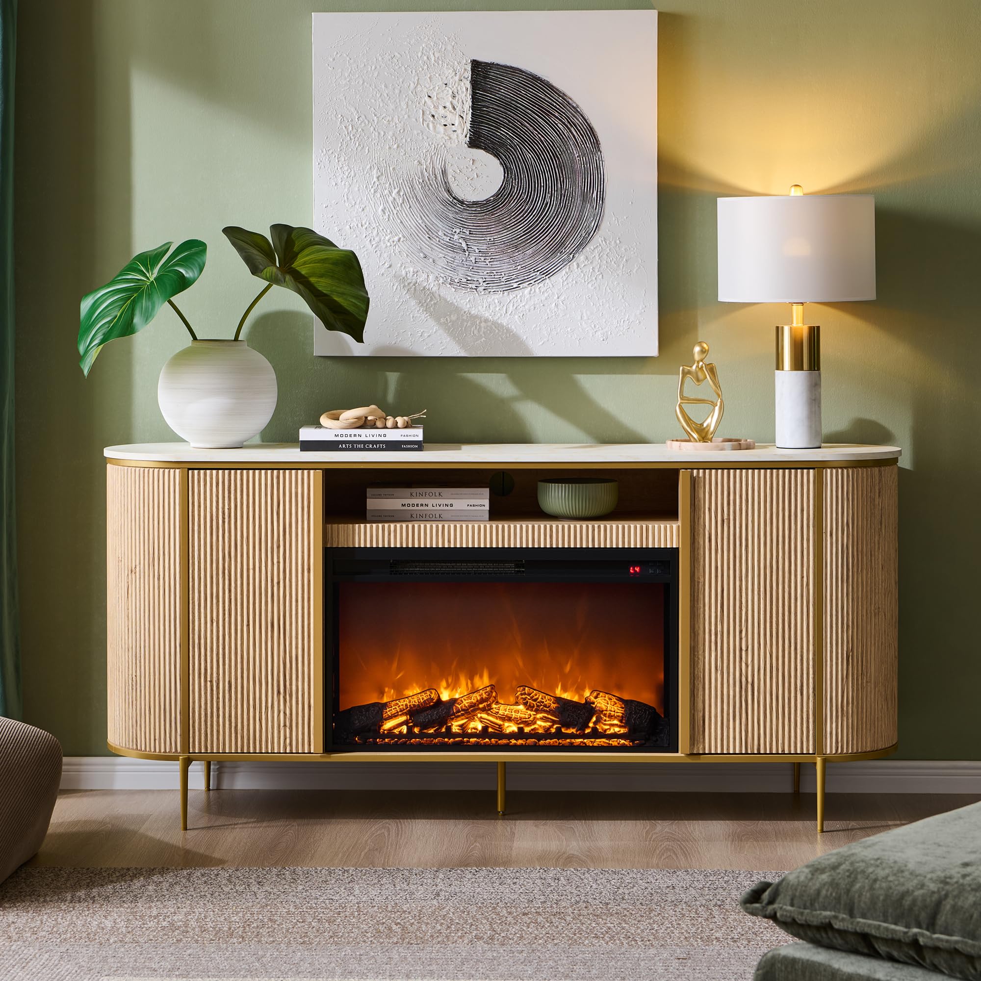 OKD Luxury 70" Fluted TV Stand, Modern Chic Entertainment Center for TVs Up to 80 inches, TV Console with Faux Marble Top, Curved Profile Design, Media Console for Living Room, (Dark Walnut)