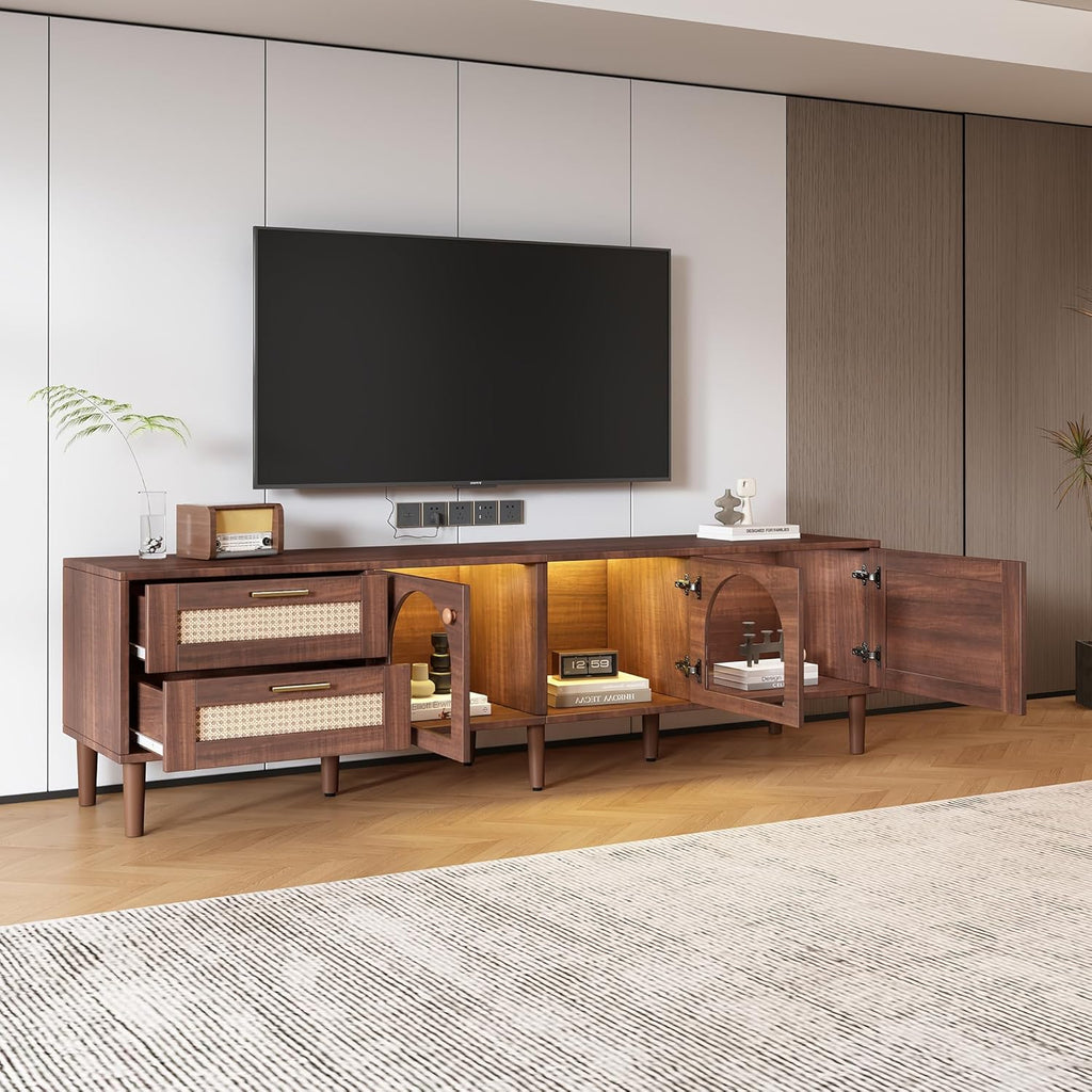 Merax Rattan TV Stand with LED Lights, 70" Entertainment Center with 3 Cabinets & 2 Drawers Media Console Table for TVs Up to 80", Solid Wood Feet, Living Room, Bedroom Furniture