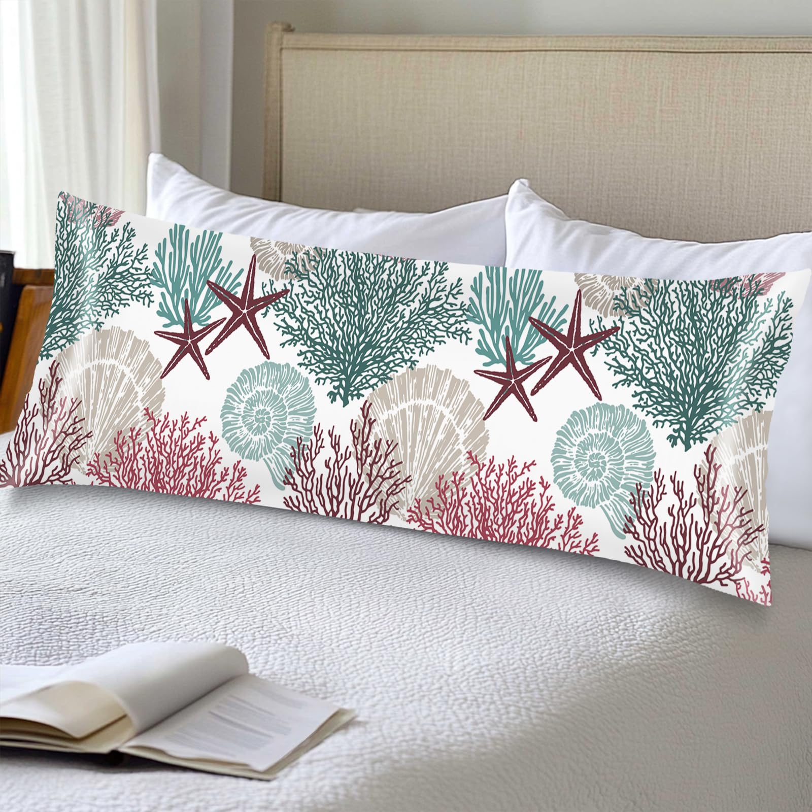 Silk Satin Pillowcase for Hair and Skin,Beach Theme Throw Pillow Cover Queen Size Pillowcases Envelope Closure,Coastal Pillow Covers Ocean Coral Starfish Decorative Cushion Cases,20"x30",Teal