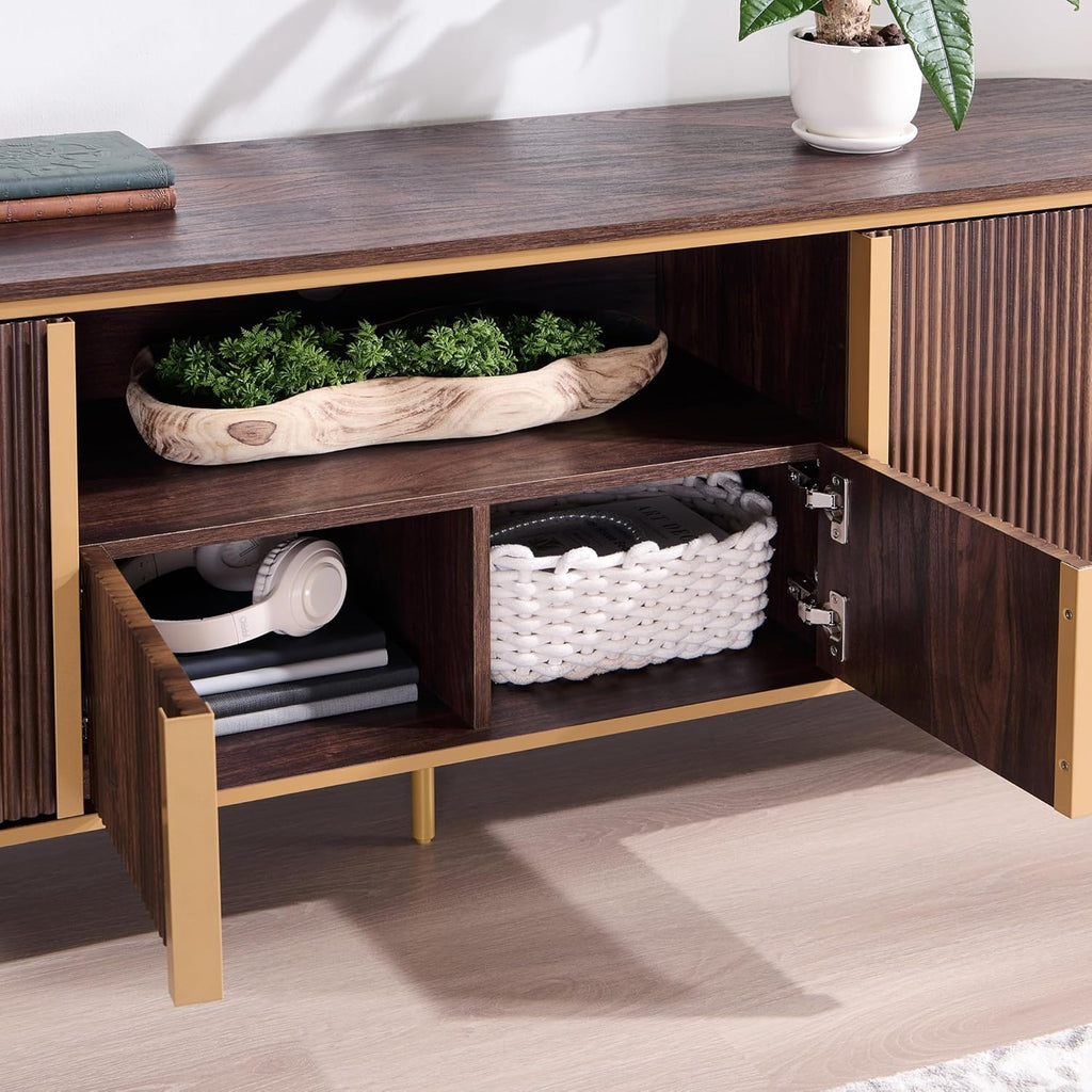 OKD Luxury 70" Fluted TV Stand, Modern Chic Entertainment Center for TVs Up to 80 inches, TV Console with Faux Marble Top, Curved Profile Design, Media Console for Living Room, (Dark Walnut)