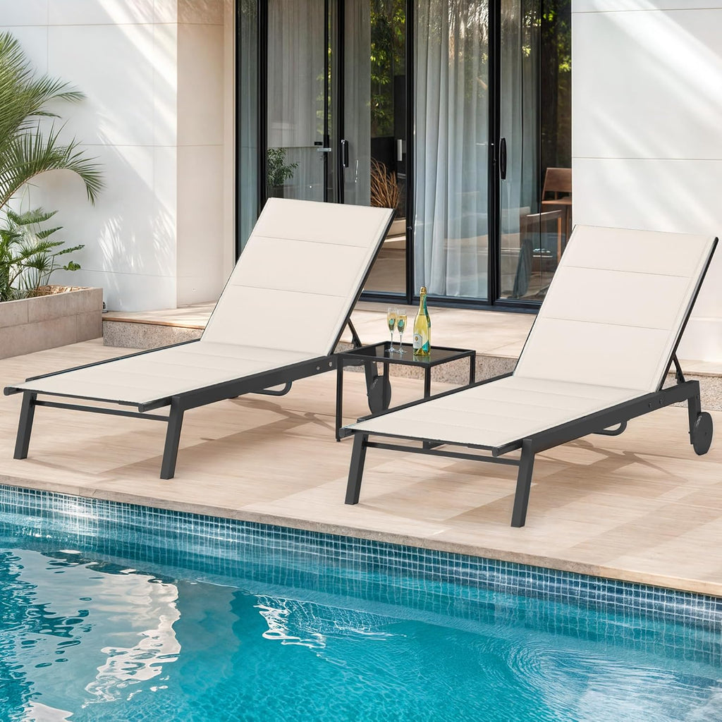 DWVO Outdoor Chaise Lounge Set, 2 Patio Chaise Lounge Chairs with Side Table, Padded Textile Pool Loungers with 5-Level Backrest and Wheels for Beach, Lawn, Porch, Garden (Beige)