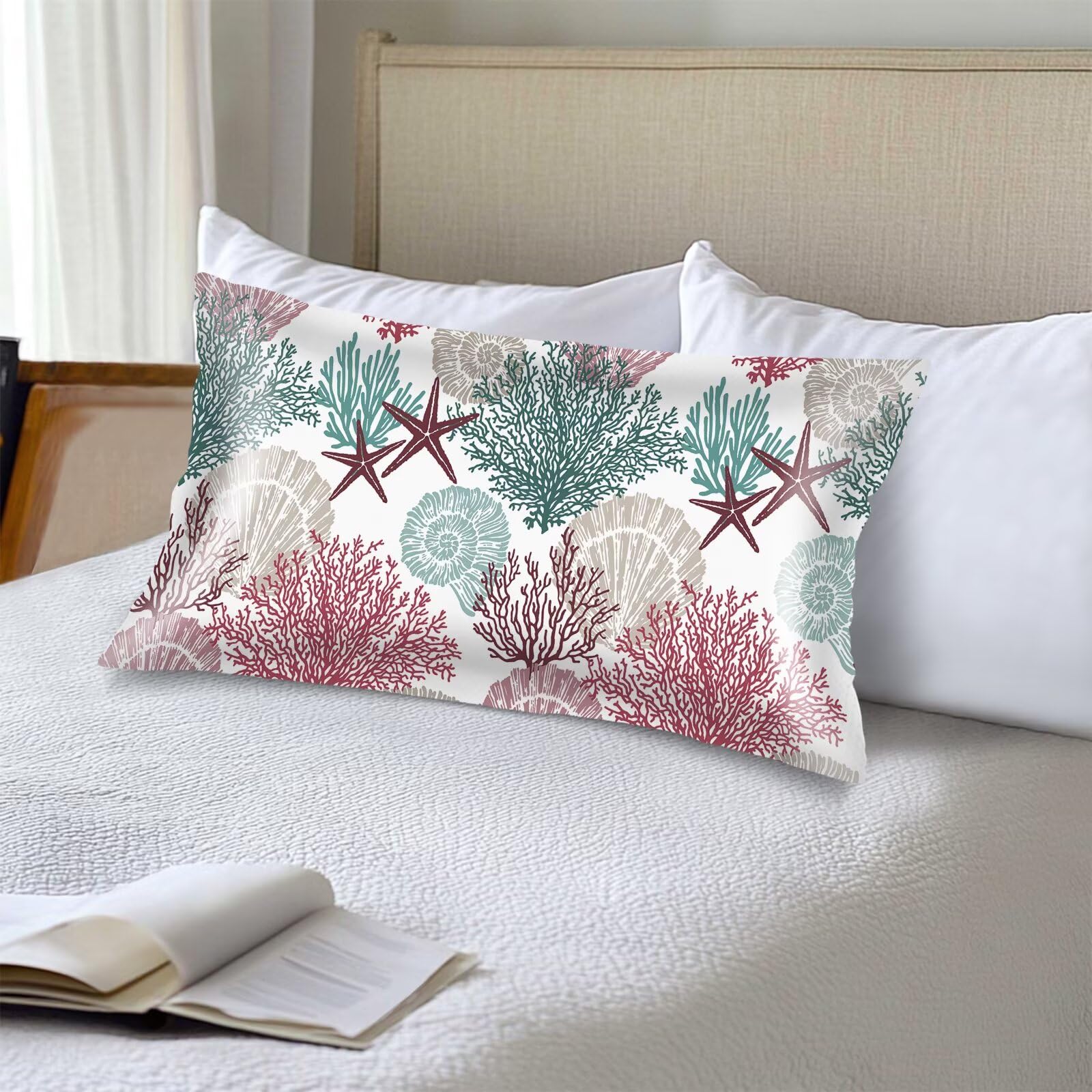 Silk Satin Pillowcase for Hair and Skin,Beach Theme Throw Pillow Cover Queen Size Pillowcases Envelope Closure,Coastal Pillow Covers Ocean Coral Starfish Decorative Cushion Cases,20"x30",Teal