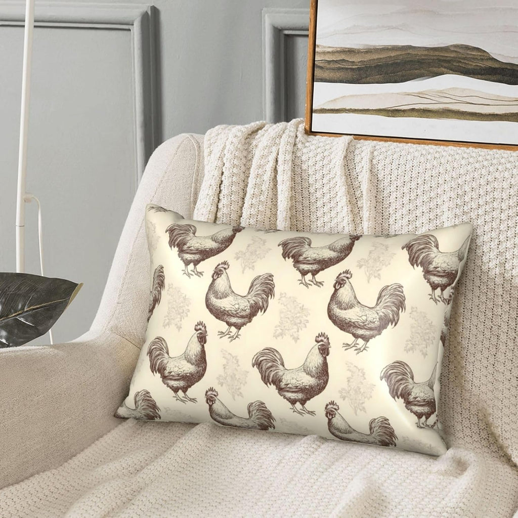 Silk Pillow Case for Hair and Skin Queen - Cooling Sleep Sketch Chicken Print Throw Pillow Covers Standard Size 20x30 Inch, Soft Comfy Satin Pillowcase with Zipper for Women & Men