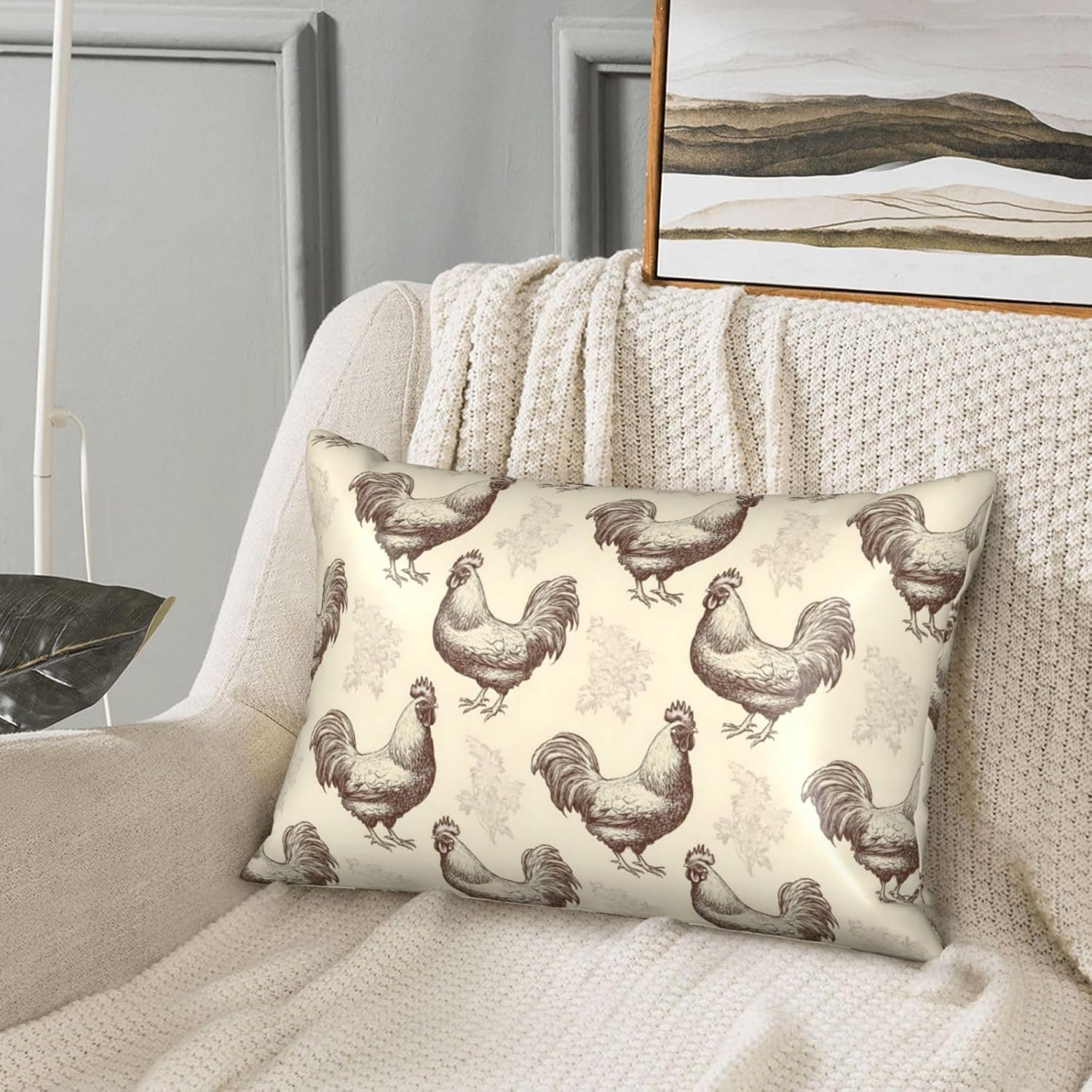 Silk Pillow Case for Hair and Skin Queen - Cooling Sleep Sketch Chicken Print Throw Pillow Covers Standard Size 20x30 Inch, Soft Comfy Satin Pillowcase with Zipper for Women & Men