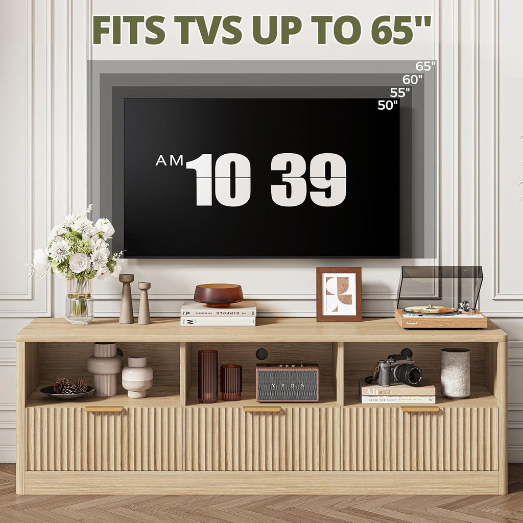 IRONCK 59" Fluted TV Stand, Modern Entertainment Center for TVs Up to 65", Media Console with Drawers and Open Shelf, TV Stands for Living Room & Bedroom, Natural Oak