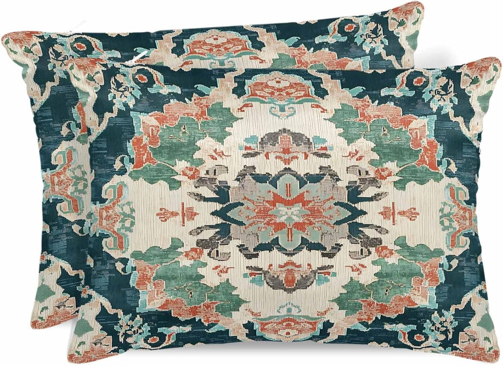 Satin Pillowcases Standard Size, Teal Green Boho Floral Silk Pillow Cases for Hair and Skin with Zipper 2 Pack, Southwestern Ethnic Flowers Retro Smooth Throw Pillow Covers for Sleeping, 20"x26"