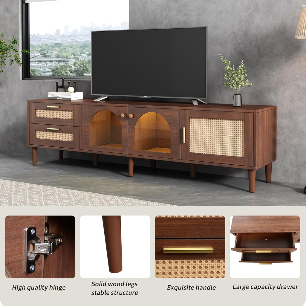Merax Rattan TV Stand with LED Lights, 70" Entertainment Center with 3 Cabinets & 2 Drawers Media Console Table for TVs Up to 80", Solid Wood Feet, Living Room, Bedroom Furniture