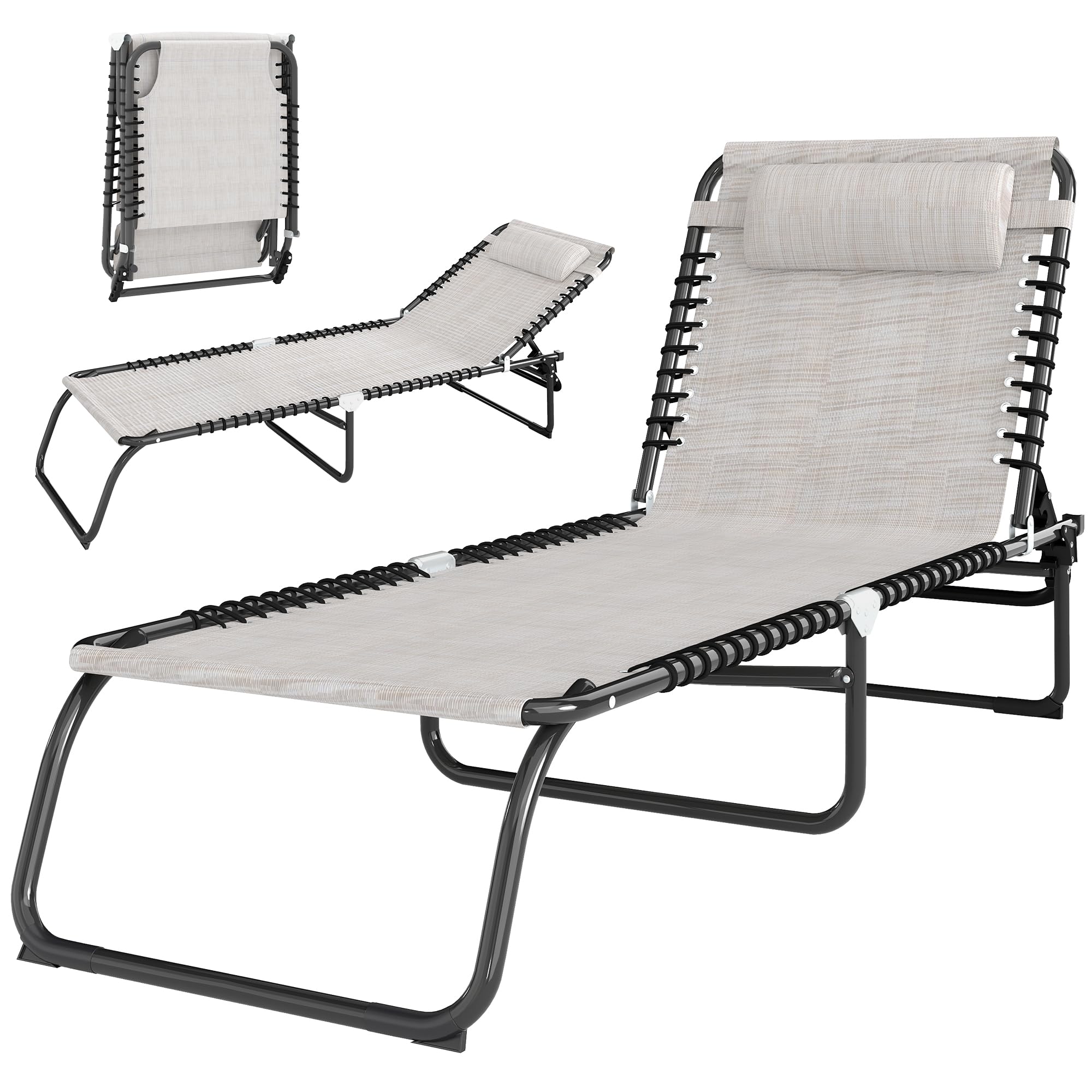 Outsunny Folding Chaise Lounge Chair Set of 2, Patio Sun Tanning Chair, Outdoor Chaise Lounger with 4-Position Reclining Back, Breathable Mesh Seat for Beach, Poolside, Cream