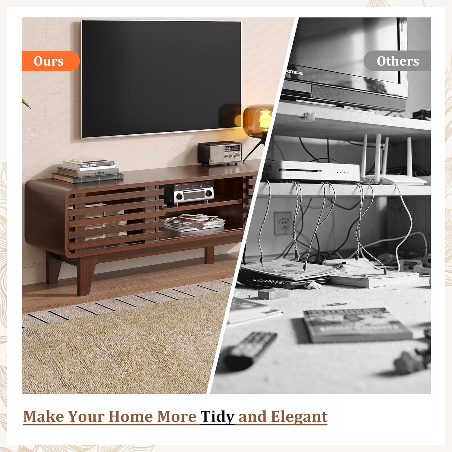 Luoxiao 55" Mid Century Modern TV Stand for 55 60 65 Inch TV, Walnut Media Console with Slatted Sliding Doors, Retro Wood Entertainment Center with Storage Shelves for Living Room, Bedroom