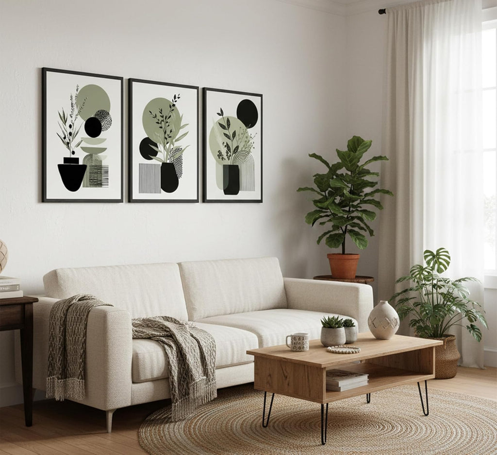 MDHFJEAW 3 Piece Sage Green Boho Wall Art - Unframed Botanical Leaf Canvas Prints, Modern Abstract Geometric Line Poster Set, Minimalist Green Wall Decor for Living Room, Bedroom, Office, 16x24 Inch