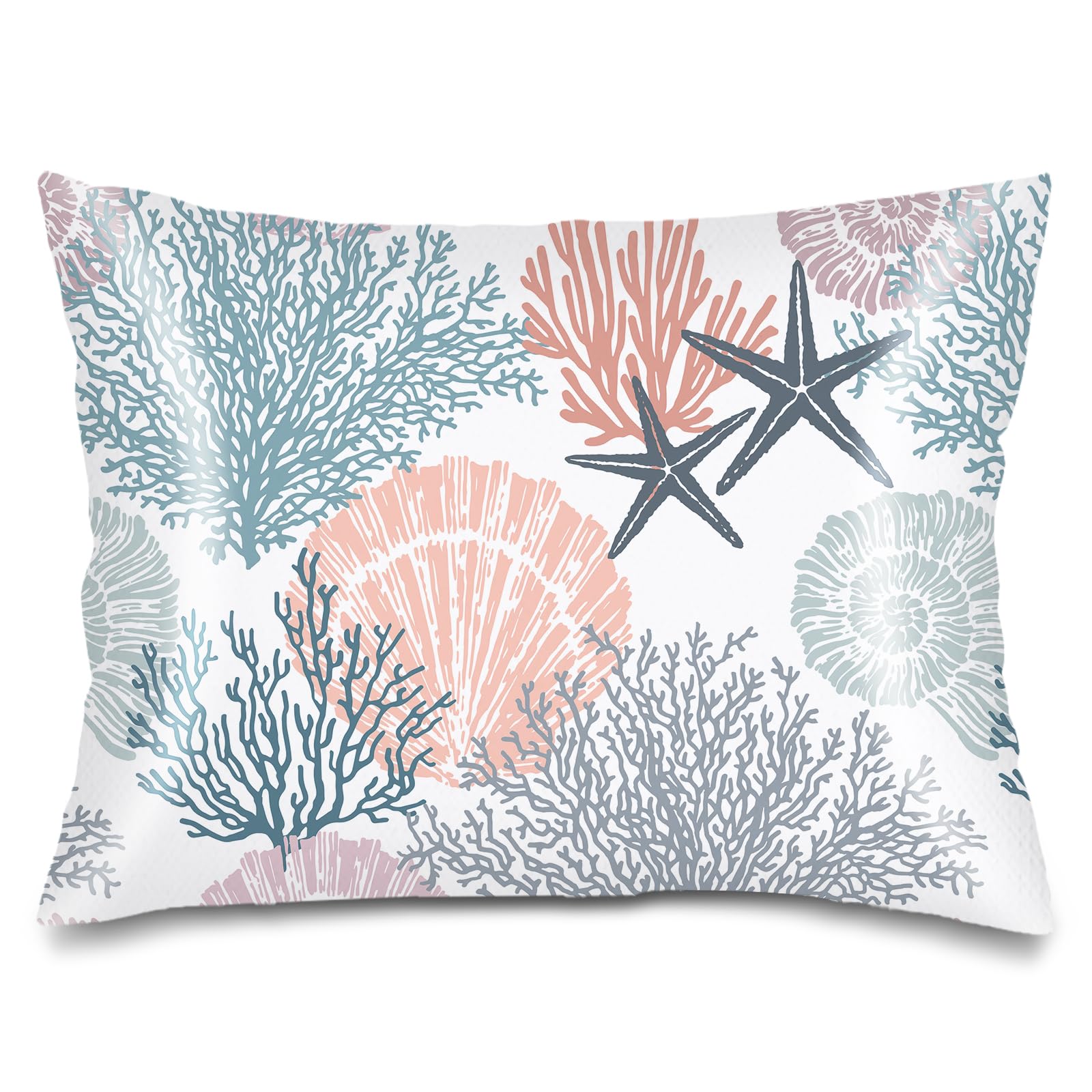 Silk Satin Pillowcase for Hair and Skin,Beach Theme Throw Pillow Cover Queen Size Pillowcases Envelope Closure,Coastal Pillow Covers Ocean Coral Starfish Decorative Cushion Cases,20"x30",Teal