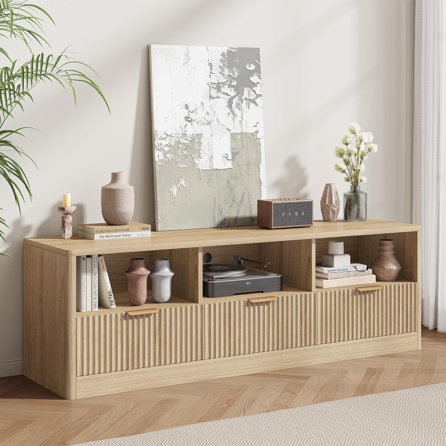 IRONCK 59" Fluted TV Stand, Modern Entertainment Center for TVs Up to 65", Media Console with Drawers and Open Shelf, TV Stands for Living Room & Bedroom, Natural Oak