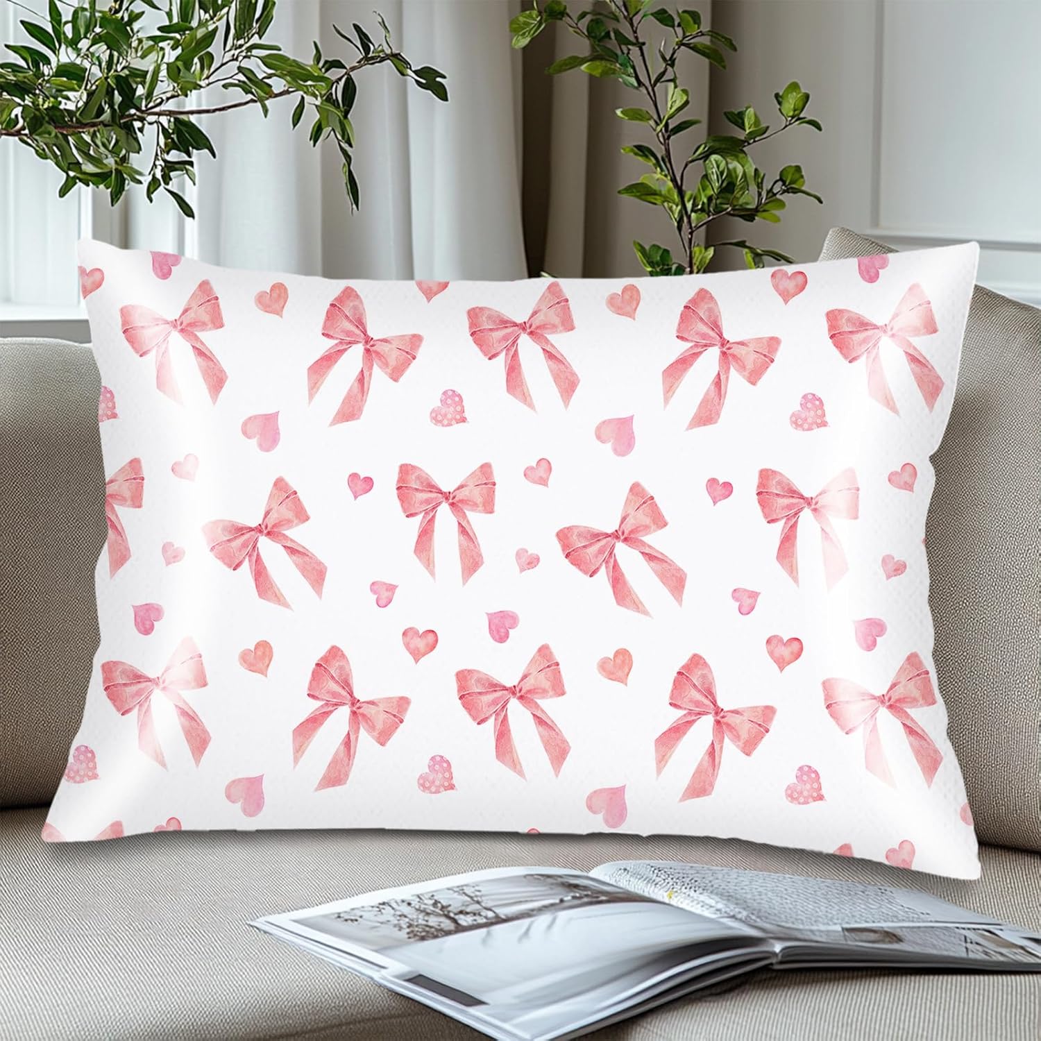 Pink Ribbon Bow Silk Satin Pillowcase for Hair and Skin,Throw Pillow Cover Queen Size Pillowcases Envelope Closure,Rectangle Pillow Covers Decorative Cushion Cases for Bed,Sofa,20"x30",Peach