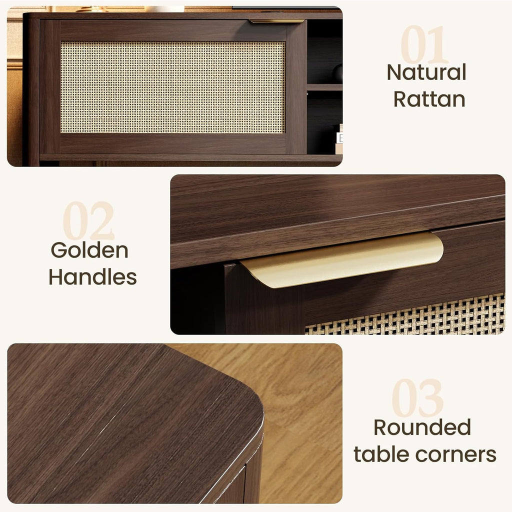 Rattan TV Stand for Living Room - Fits up to 80 Inch TVs, Rattan Media Console Table with Adjustable Shelves & 2 Storage Cabinets, Mid-Century Modern Entertainment Center, Walnut 71"
