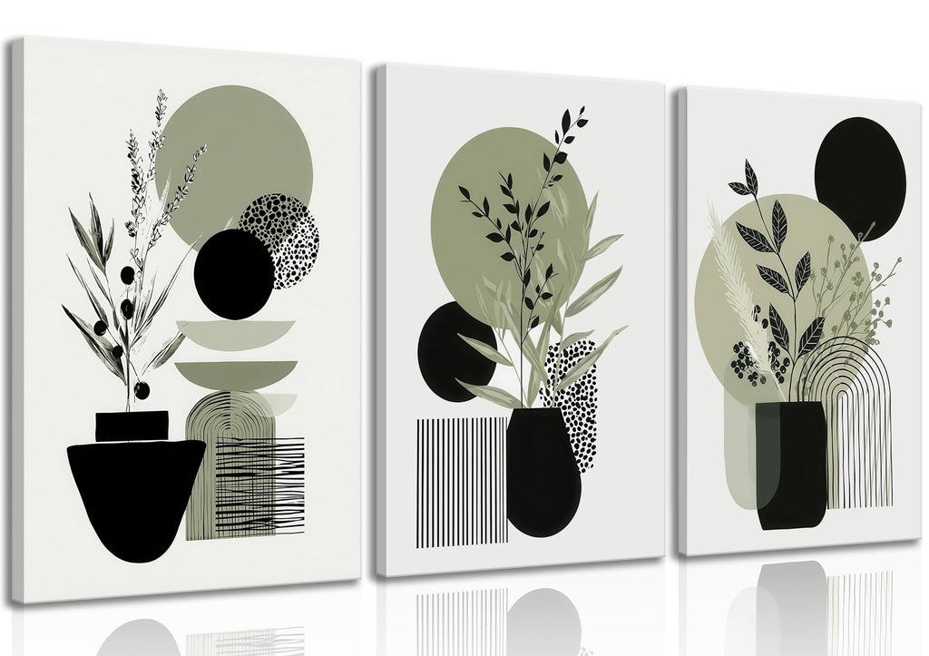 MDHFJEAW 3 Piece Sage Green Boho Wall Art - Unframed Botanical Leaf Canvas Prints, Modern Abstract Geometric Line Poster Set, Minimalist Green Wall Decor for Living Room, Bedroom, Office, 16x24 Inch