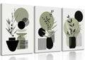 MDHFJEAW 3 Piece Sage Green Boho Wall Art - Unframed Botanical Leaf Canvas Prints, Modern Abstract Geometric Line Poster Set, Minimalist Green Wall Decor for Living Room, Bedroom, Office, 16x24 Inch