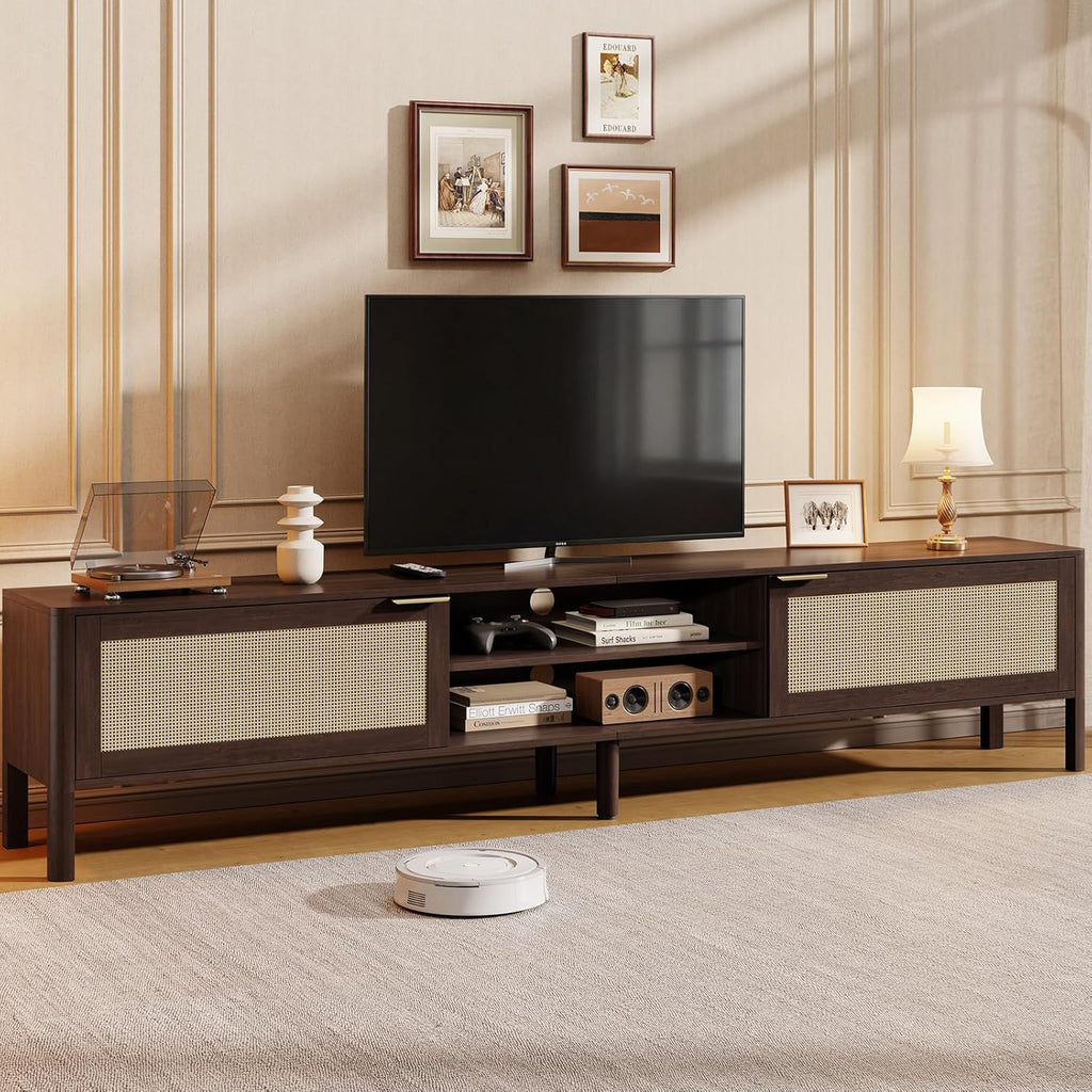 Rattan TV Stand for Living Room - Fits up to 80 Inch TVs, Rattan Media Console Table with Adjustable Shelves & 2 Storage Cabinets, Mid-Century Modern Entertainment Center, Walnut 71"