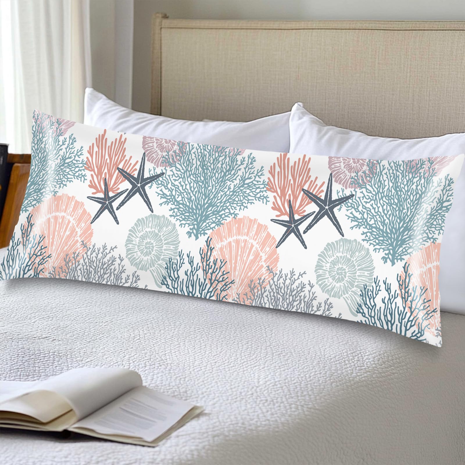 Silk Satin Pillowcase for Hair and Skin,Beach Theme Throw Pillow Cover Queen Size Pillowcases Envelope Closure,Coastal Pillow Covers Ocean Coral Starfish Decorative Cushion Cases,20"x30",Teal