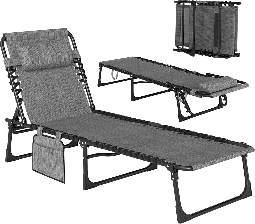 Outsunny Folding Chaise Lounge Chair, Patio Sun Tanning Chair, Outdoor Chaise Lounger with 5-Position Reclining Back, Breathable Mesh Seat for Beach, Poolside, Yard, Gray
