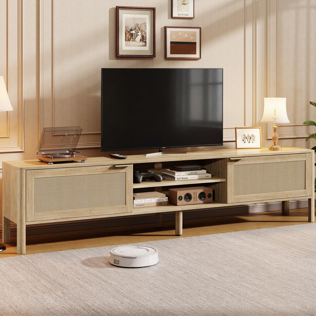 Rattan TV Stand for Living Room - Fits up to 80 Inch TVs, Rattan Media Console Table with Adjustable Shelves & 2 Storage Cabinets, Mid-Century Modern Entertainment Center, Walnut 71"