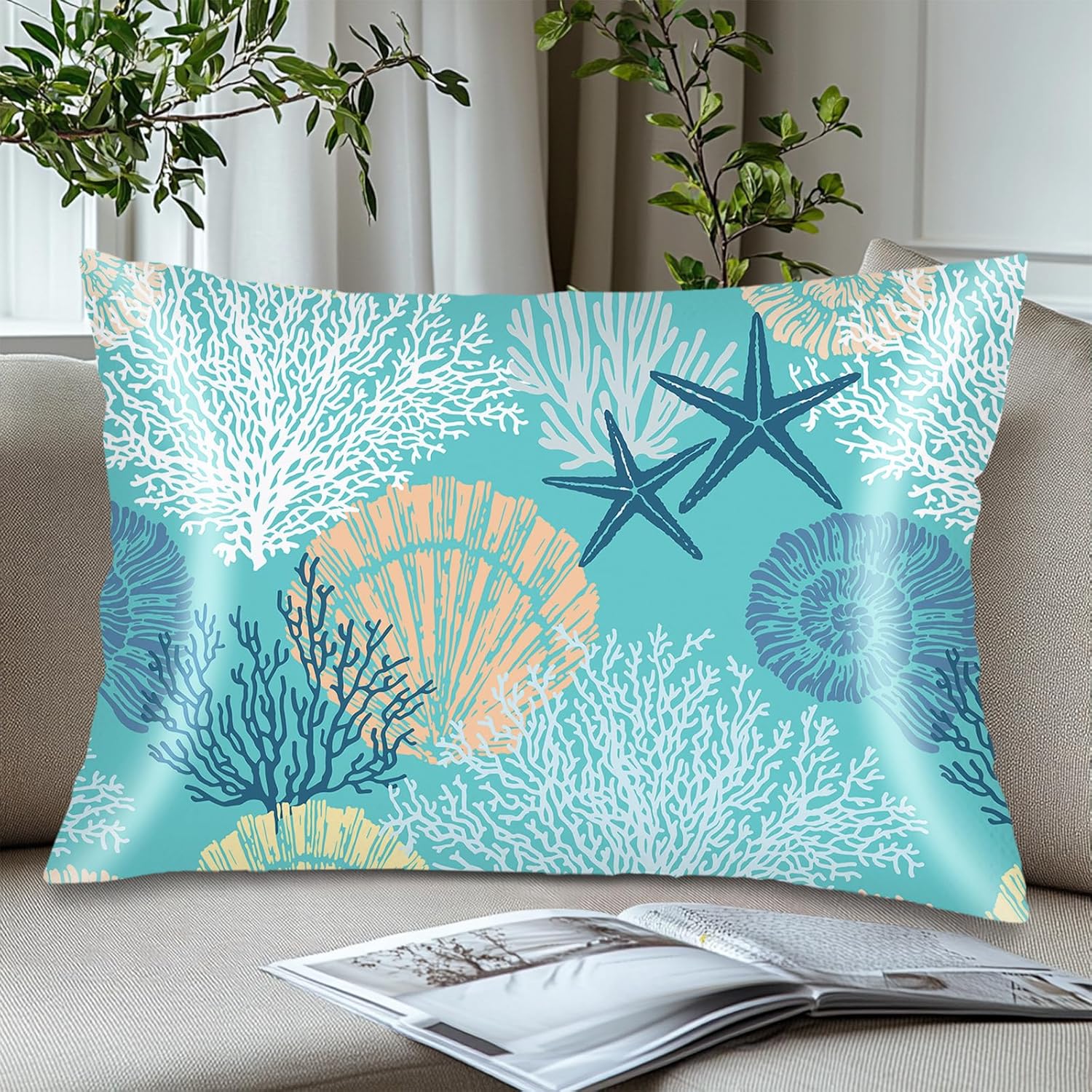 Silk Satin Pillowcase for Hair and Skin,Beach Theme Throw Pillow Cover Queen Size Pillowcases Envelope Closure,Coastal Pillow Covers Ocean Coral Starfish Decorative Cushion Cases,20"x30",Teal