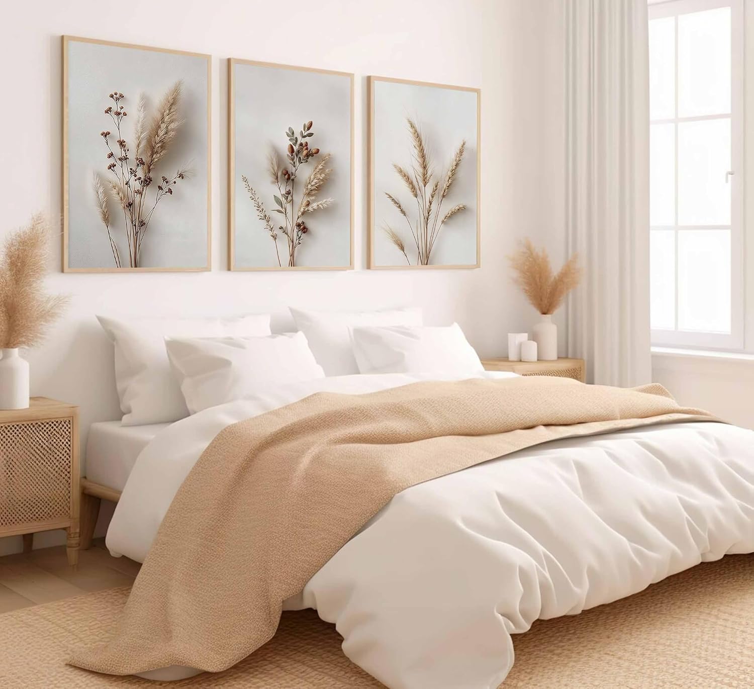 3Pcs Beige Neutral Floral Botanical Canvas Wall Art Modern Minimalist Beige Flower Plant Painting Wall Decor Poster Print Artwork for Living Room Bedroom Bathroom Home Decortion Unframed