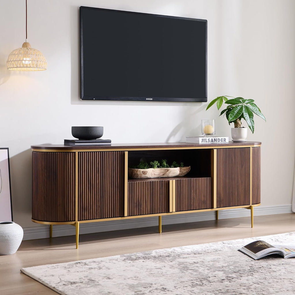 OKD Luxury 70" Fluted TV Stand, Modern Chic Entertainment Center for TVs Up to 80 inches, TV Console with Faux Marble Top, Curved Profile Design, Media Console for Living Room, (Dark Walnut)