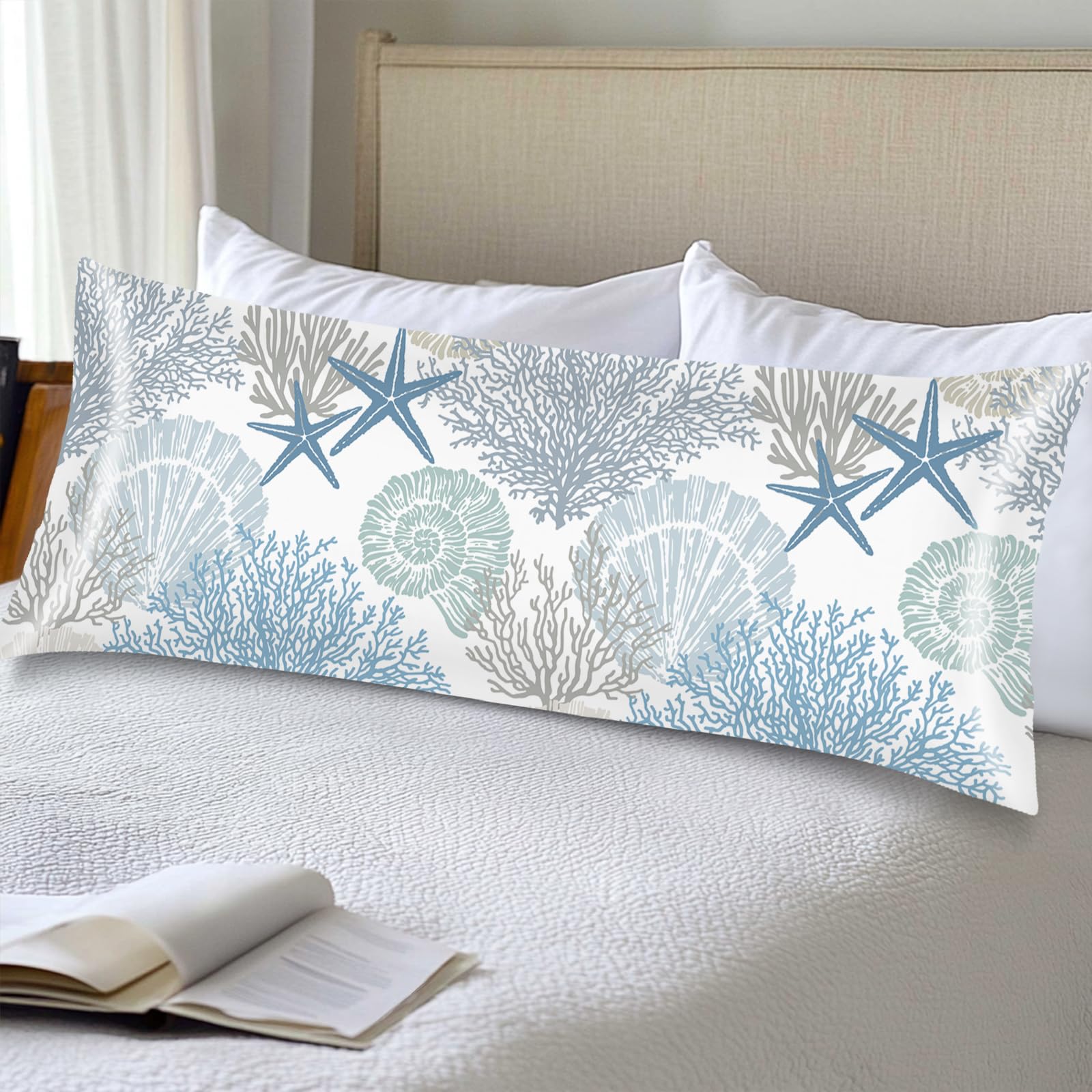 Silk Satin Pillowcase for Hair and Skin,Beach Theme Throw Pillow Cover Queen Size Pillowcases Envelope Closure,Coastal Pillow Covers Ocean Coral Starfish Decorative Cushion Cases,20"x30",Teal