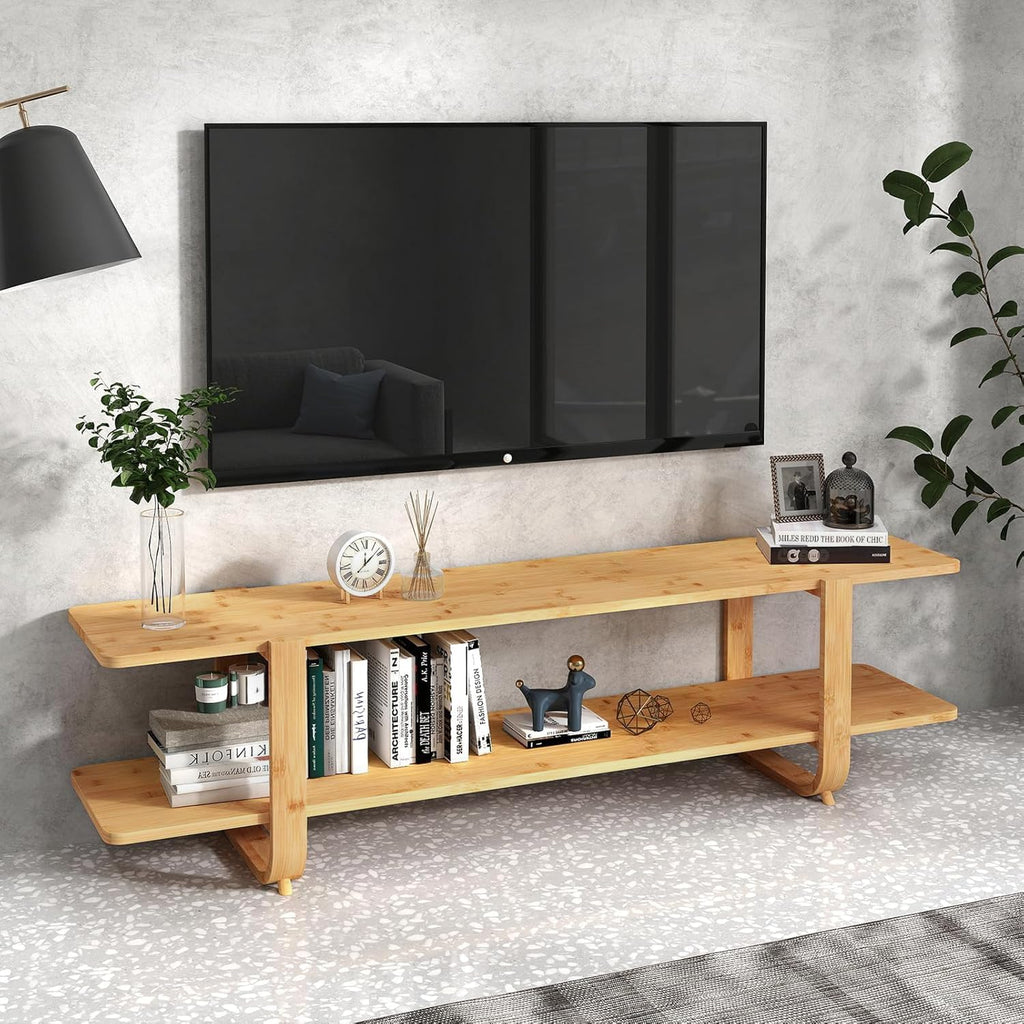 HollyHOME Bamboo TV Stand with Storage for TVs up to 65'', Modern Entertainment Center with 2 Open Shelf, Accent TV Media Console Table for Living Room, Bedroom, 55"(L), Burlywood