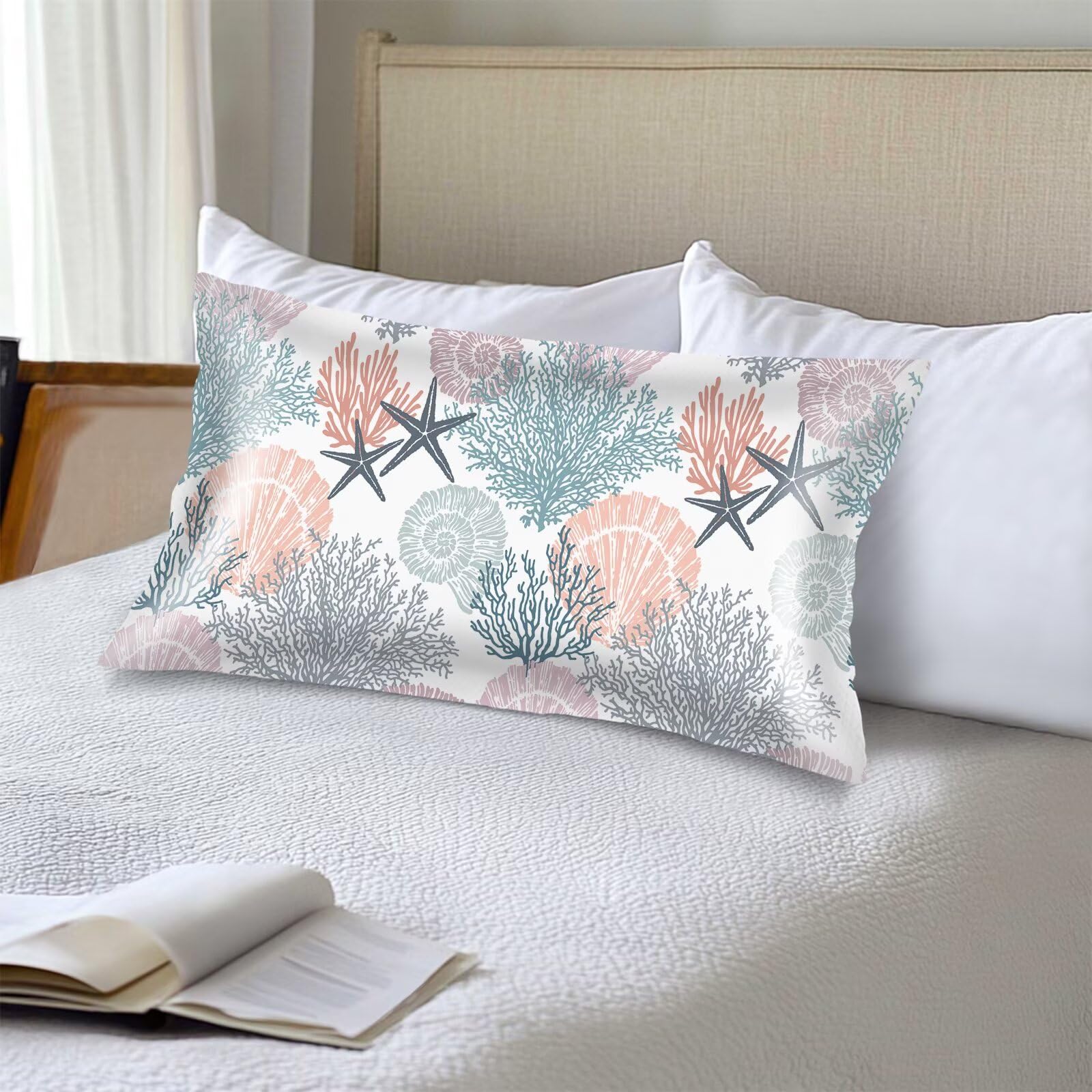 Silk Satin Pillowcase for Hair and Skin,Beach Theme Throw Pillow Cover Queen Size Pillowcases Envelope Closure,Coastal Pillow Covers Ocean Coral Starfish Decorative Cushion Cases,20"x30",Teal