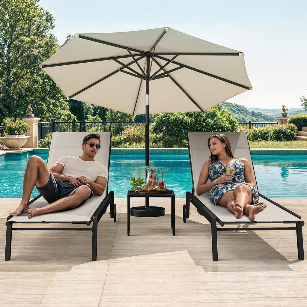 DWVO Outdoor Chaise Lounge Set, 2 Patio Chaise Lounge Chairs with Side Table, Padded Textile Pool Loungers with 5-Level Backrest and Wheels for Beach, Lawn, Porch, Garden (Beige)
