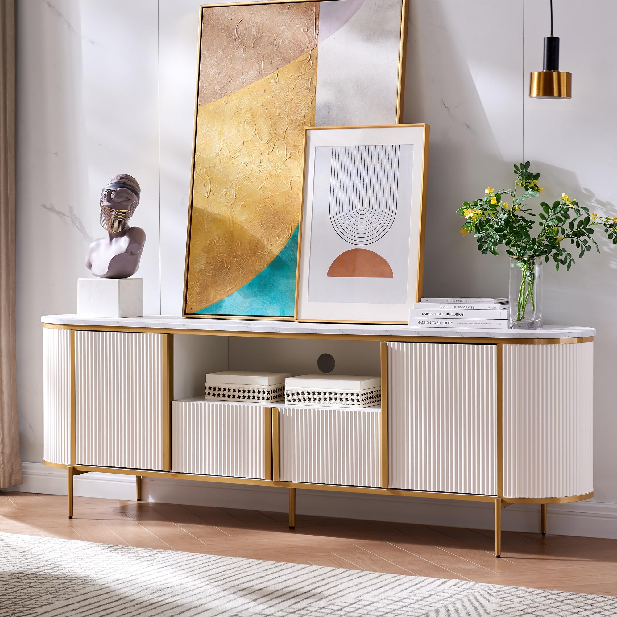 OKD Luxury 70" Fluted TV Stand, Modern Chic Entertainment Center for TVs Up to 80 inches, TV Console with Faux Marble Top, Curved Profile Design, Media Console for Living Room, (Dark Walnut)