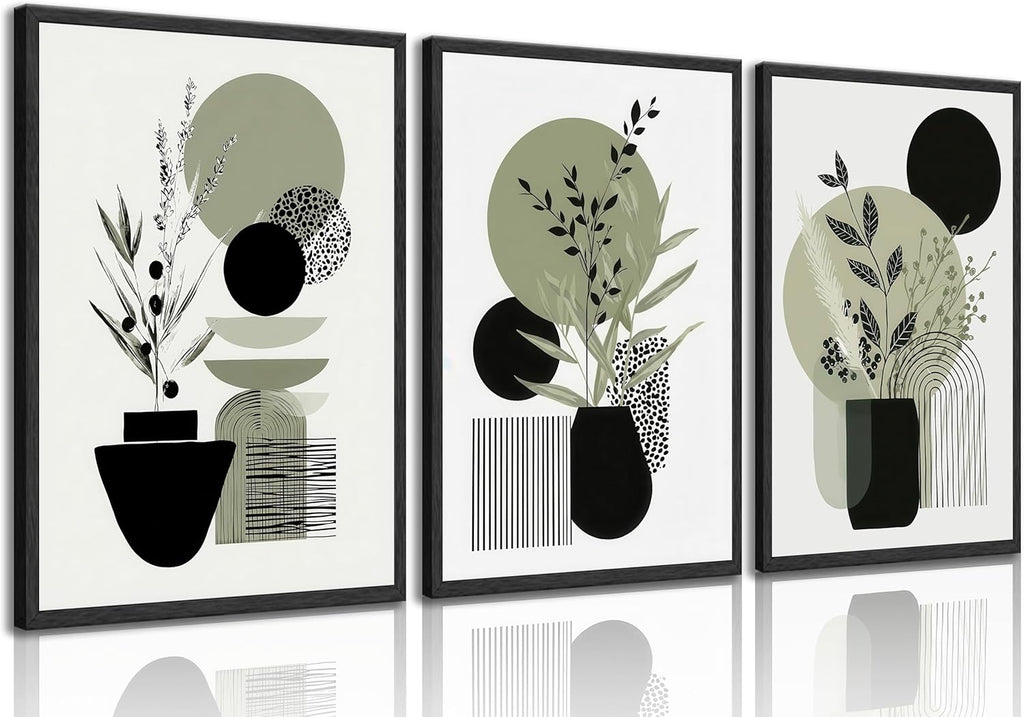 MDHFJEAW 3 Piece Sage Green Boho Wall Art - Unframed Botanical Leaf Canvas Prints, Modern Abstract Geometric Line Poster Set, Minimalist Green Wall Decor for Living Room, Bedroom, Office, 16x24 Inch