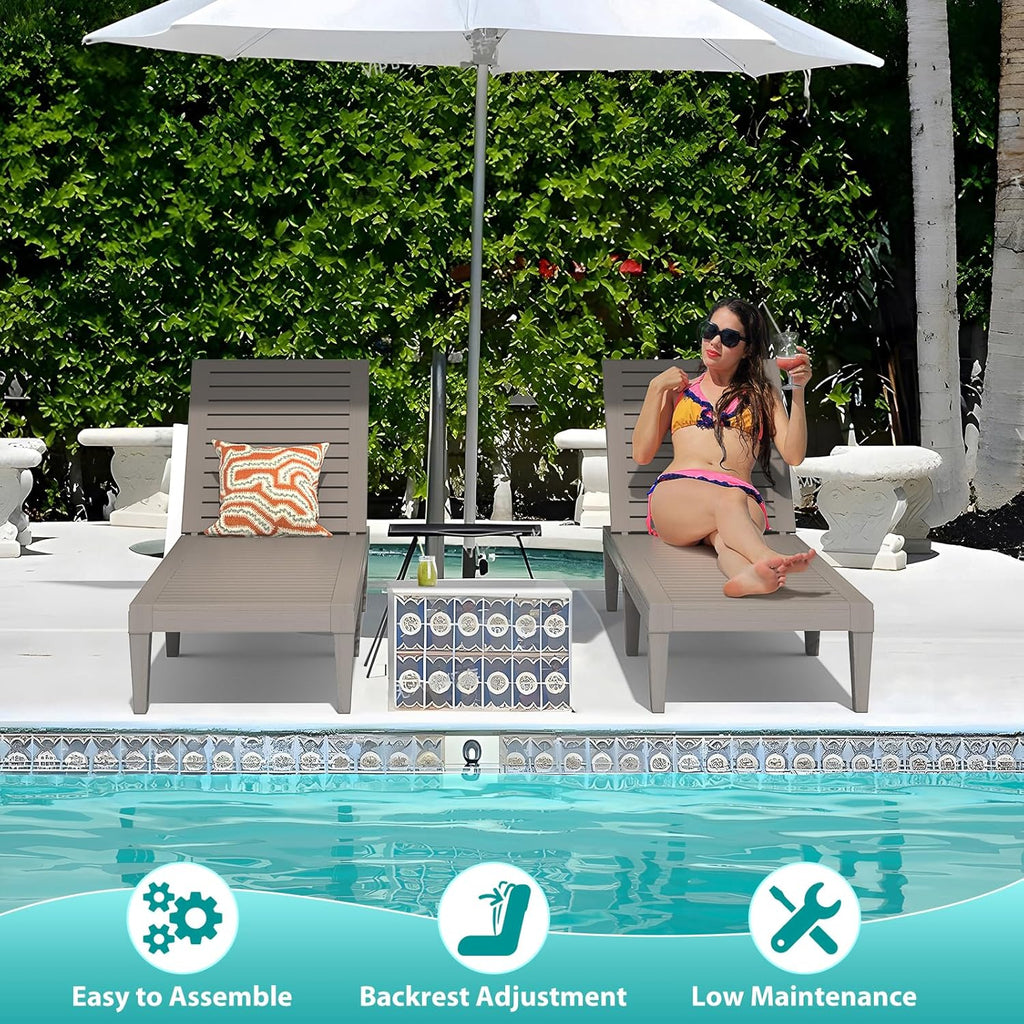 Outdoor Lounge Chairs Set of 2 for Poolside Patio, Weather-Resistant Pool Chaise Lounge with Adjustable Backrest, Resin Tanning Chair Sun Lounger for Outside Deck, Beach, Sunbathing, Taupe