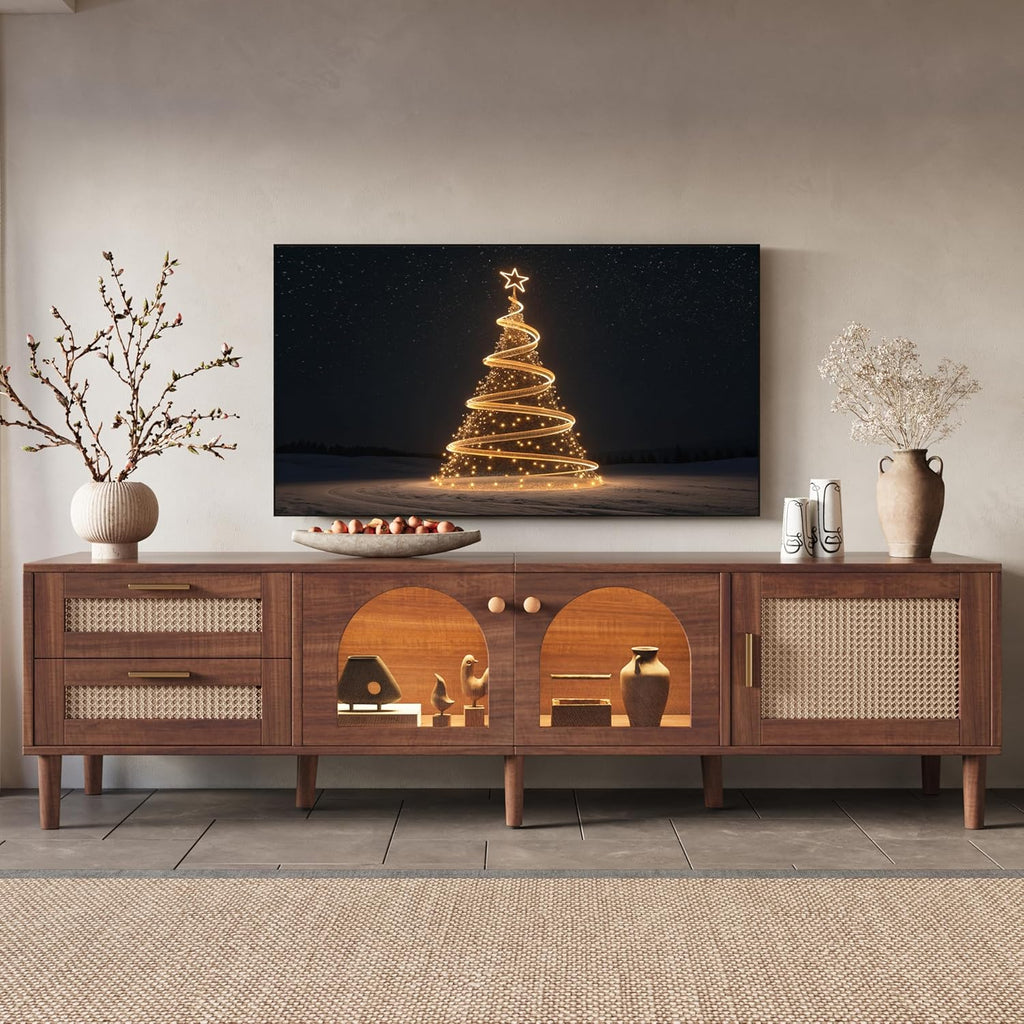 Merax Rattan TV Stand with LED Lights, 70" Entertainment Center with 3 Cabinets & 2 Drawers Media Console Table for TVs Up to 80", Solid Wood Feet, Living Room, Bedroom Furniture