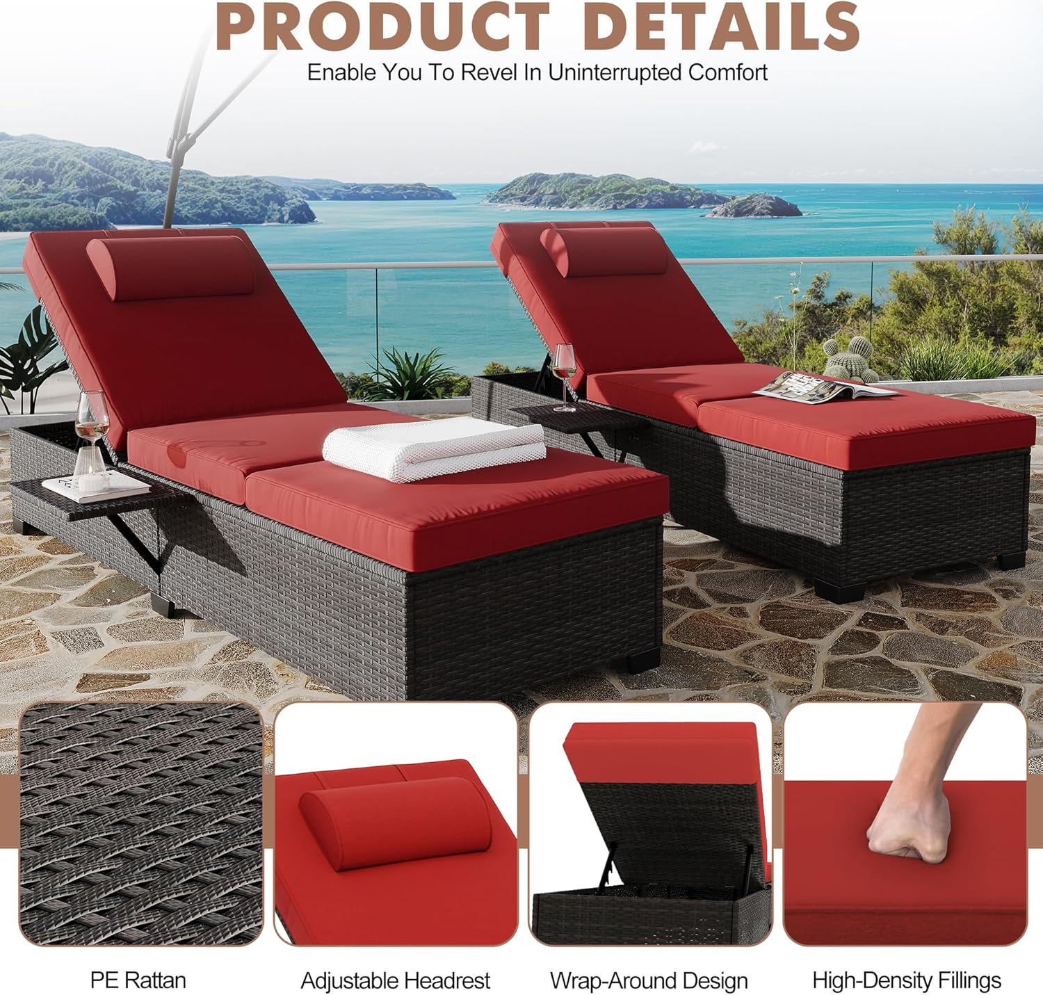 2Piece Outdoor PE Wicker Chaise Lounge Chairs, Pool Lounge Chairs Adjustable Backrest Recliners, Rattan Patio Chaise Lounger Set