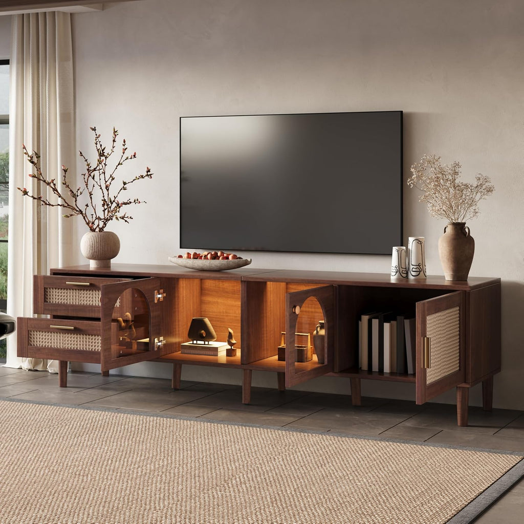 Merax Rattan TV Stand with LED Lights, 70" Entertainment Center with 3 Cabinets & 2 Drawers Media Console Table for TVs Up to 80", Solid Wood Feet, Living Room, Bedroom Furniture