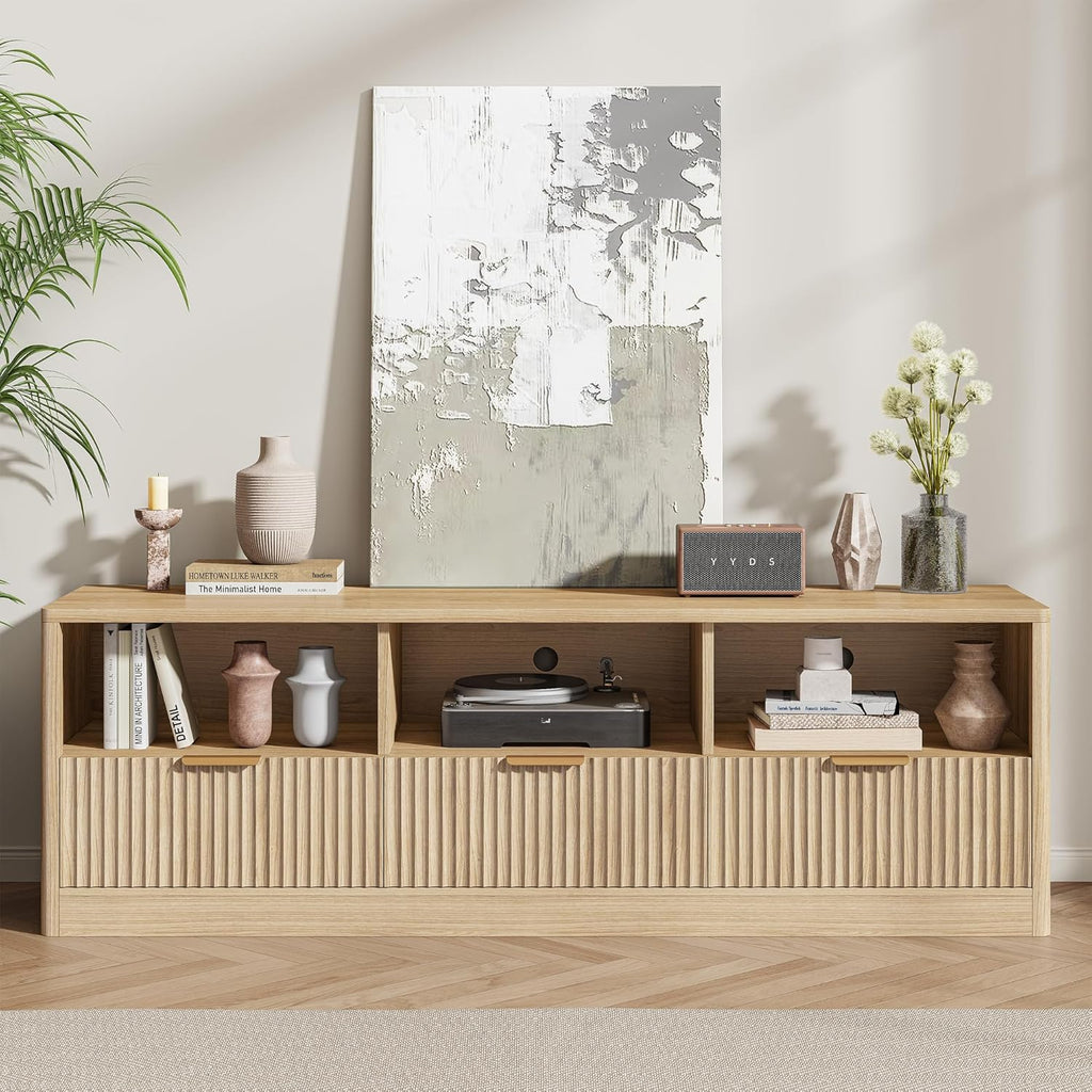 IRONCK 59" Fluted TV Stand, Modern Entertainment Center for TVs Up to 65", Media Console with Drawers and Open Shelf, TV Stands for Living Room & Bedroom, Natural Oak