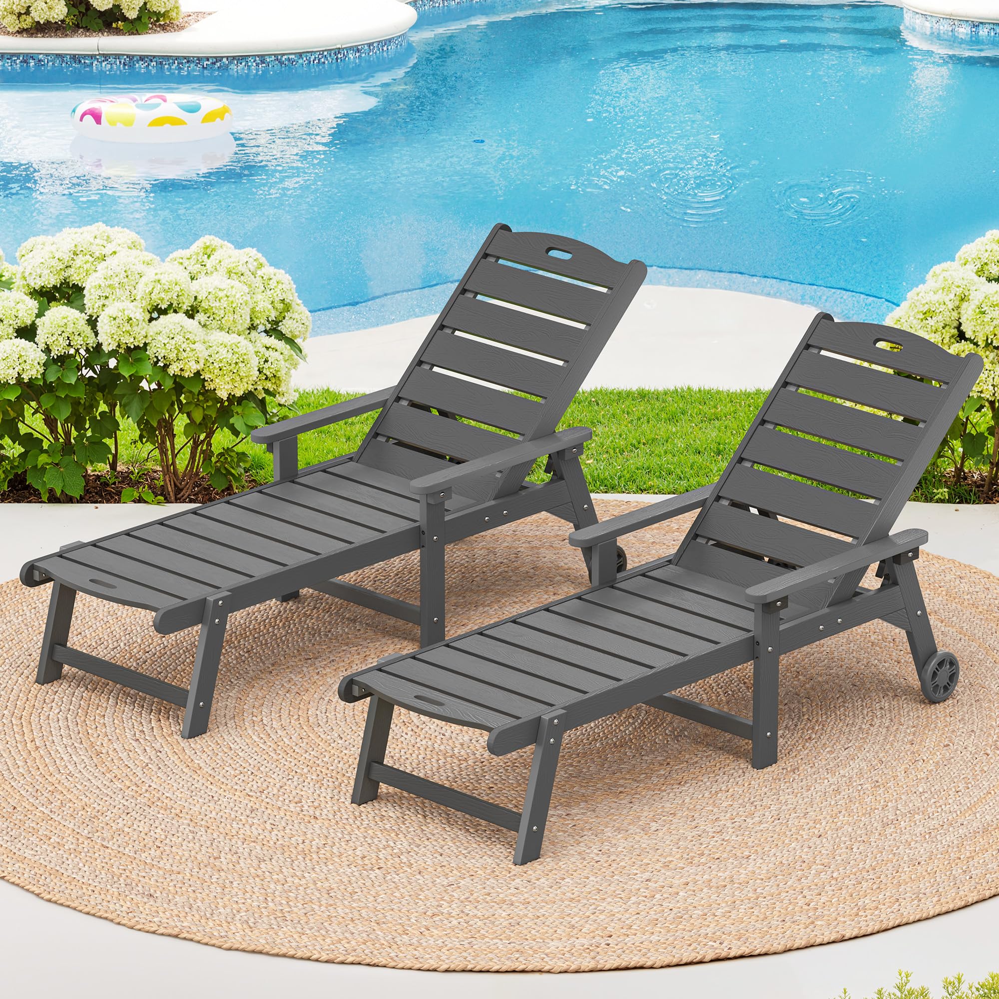 LUE BONA Outdoor Chaise Lounge Chairs Set of 2, HDPS Chaise Lounger, 5 Positions Adjustable Lounge Chairs, Pool Lounge Chair with Wheels for Poolside, Patio, Restaurant, 3 Year Warranty, Teak Color