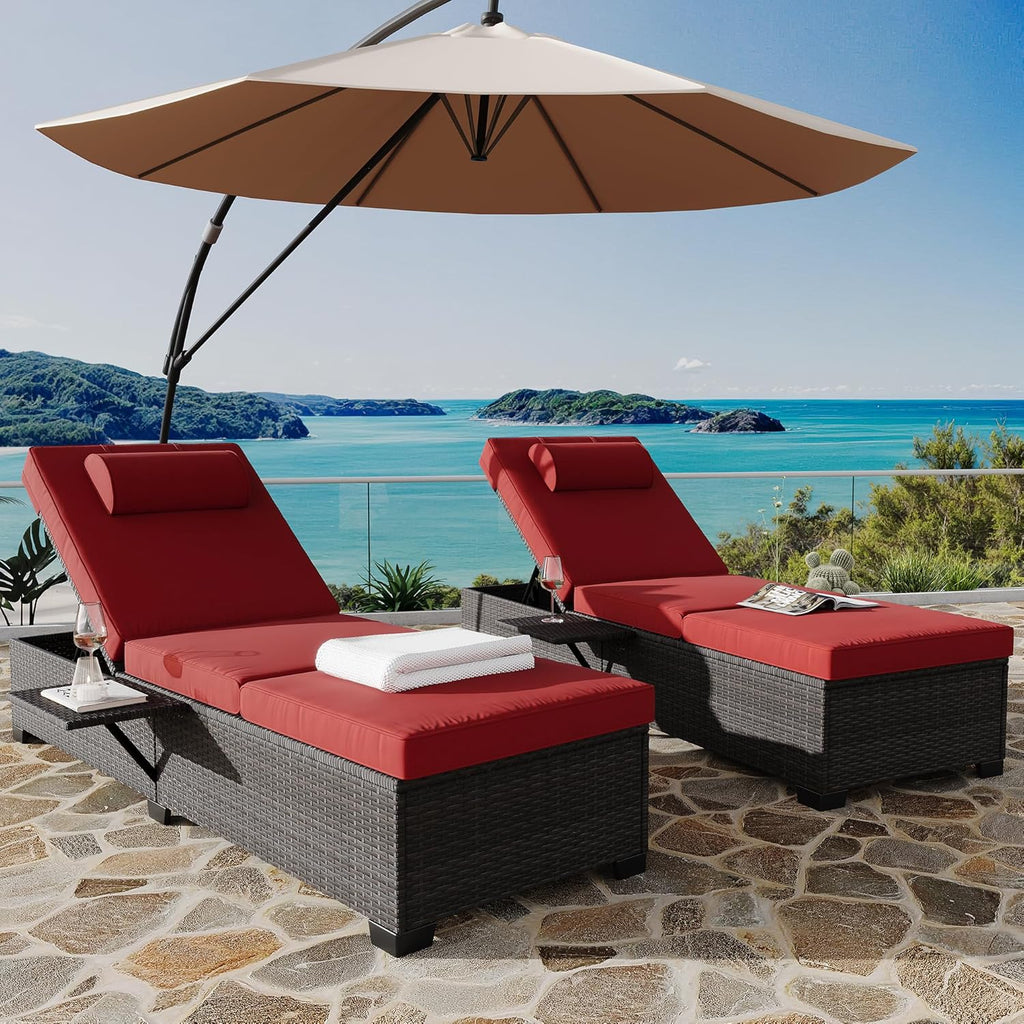 2Piece Outdoor PE Wicker Chaise Lounge Chairs, Pool Lounge Chairs Adjustable Backrest Recliners, Rattan Patio Chaise Lounger Set
