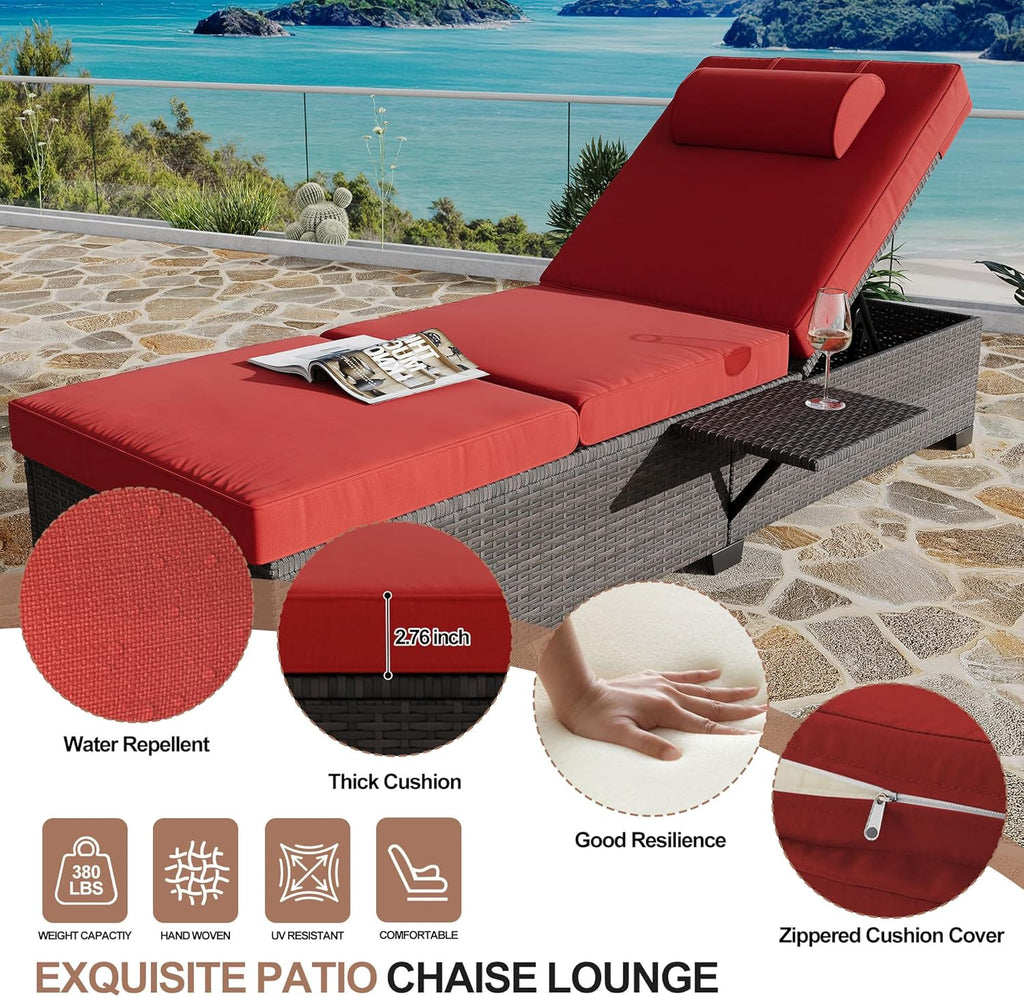 2Piece Outdoor PE Wicker Chaise Lounge Chairs, Pool Lounge Chairs Adjustable Backrest Recliners, Rattan Patio Chaise Lounger Set