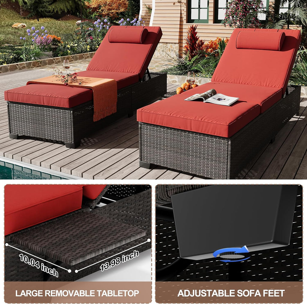 2Piece Outdoor PE Wicker Chaise Lounge Chairs, Pool Lounge Chairs Adjustable Backrest Recliners, Rattan Patio Chaise Lounger Set
